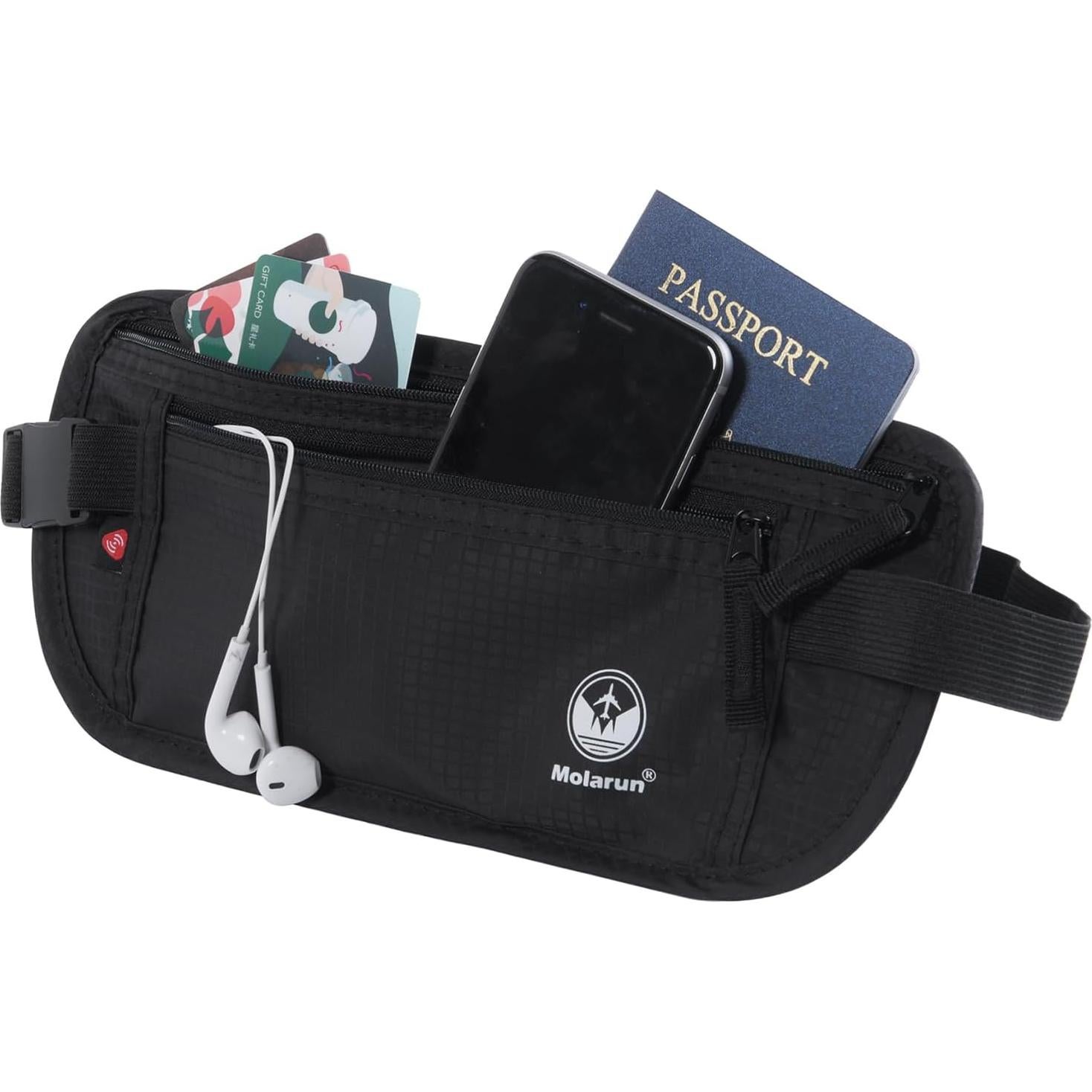 Cinturón de Dinero Molarun RFID Negro - Bolsa de Viaje Oculta