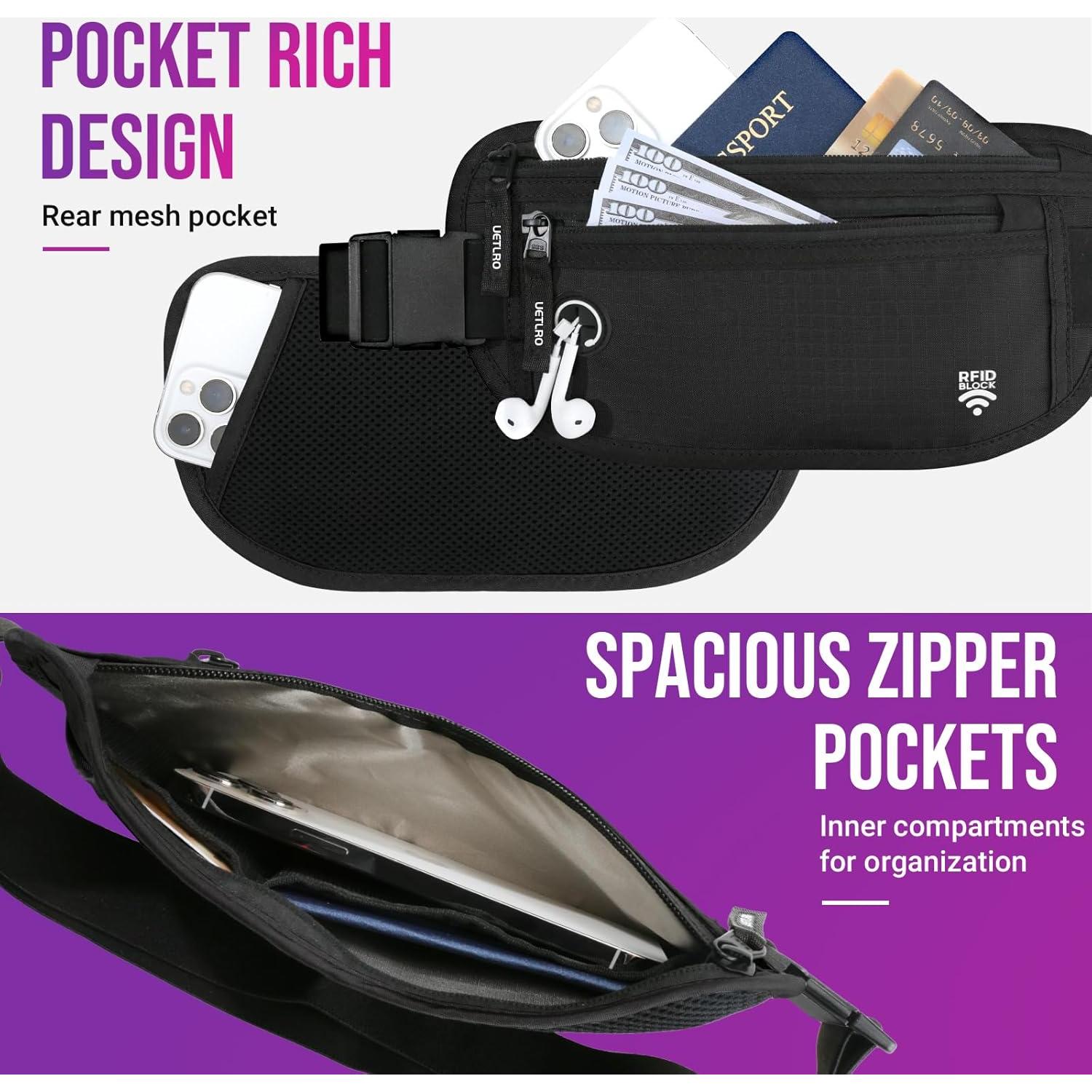 Cinturón de Dinero RFID UETLRO Negro para Viaje Unisex