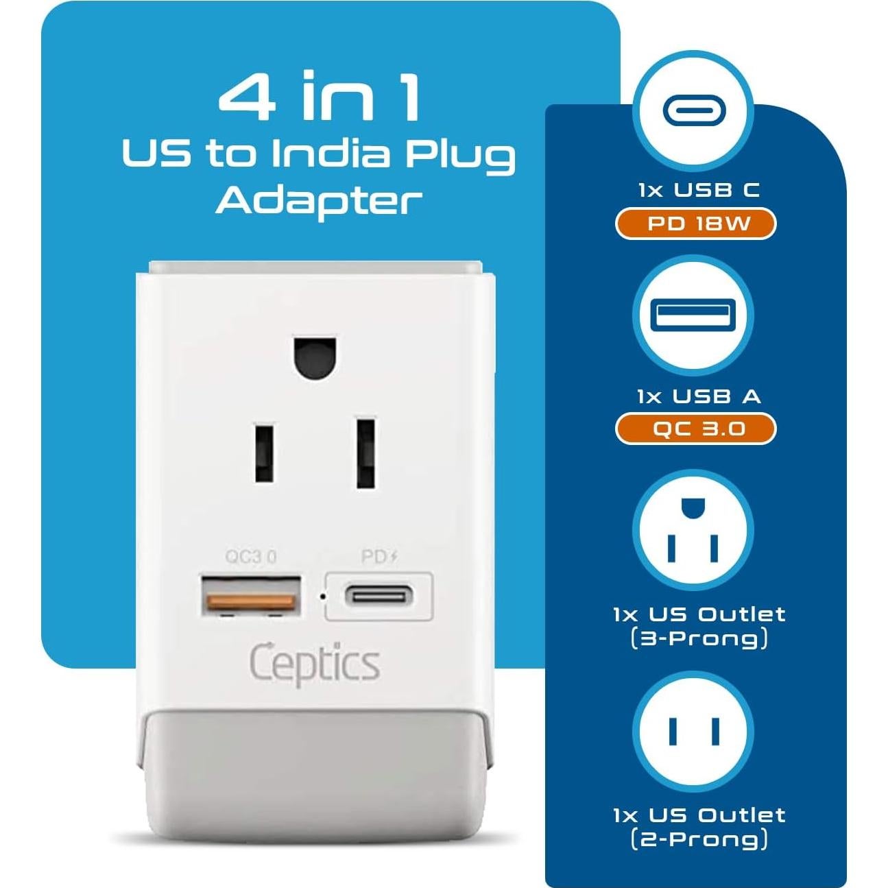 Adaptador de Enchufe Ceptics Tipo D para India y Pakistán 18W