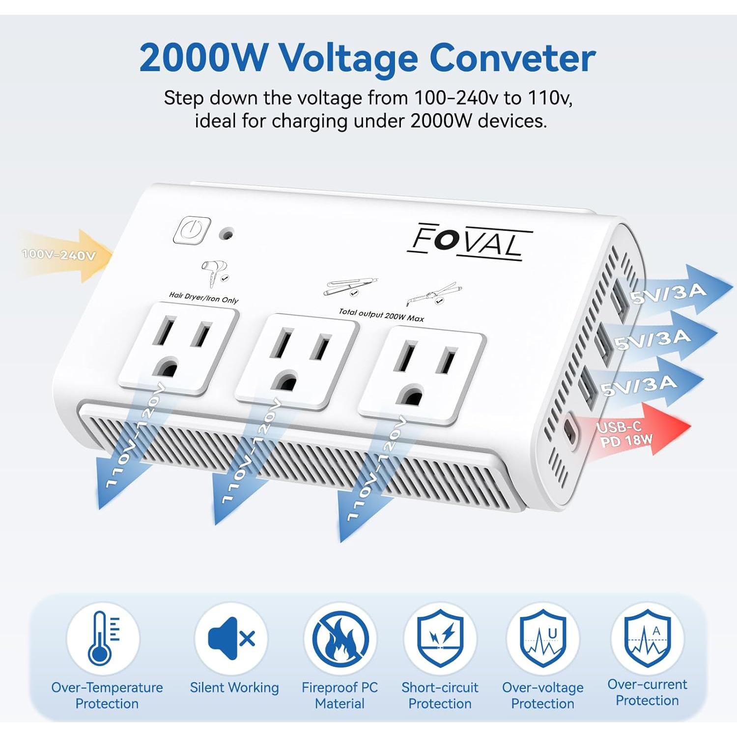 Convertidor de Voltaje FOVAL 2000W 220V a 110V con 4 USB