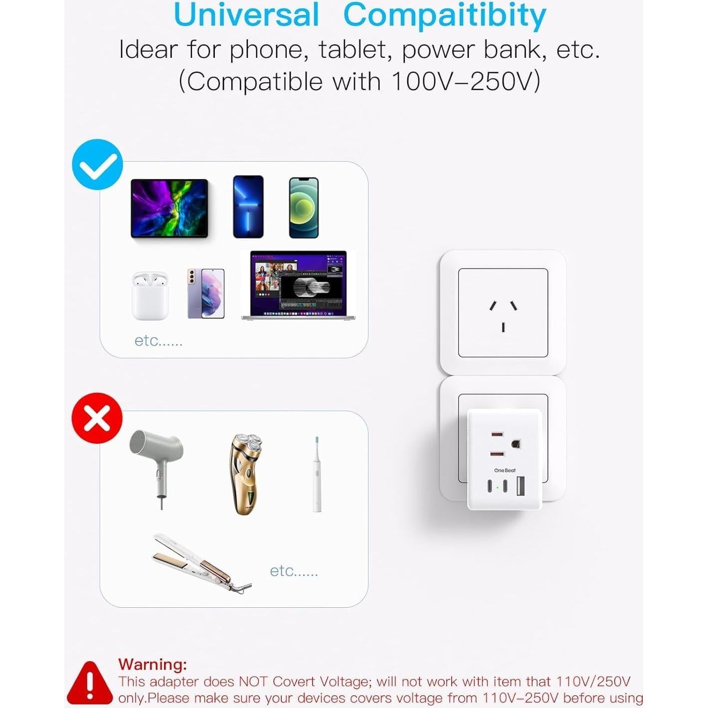 Adaptador de Enchufe Tipo I One Beat con 3 USB y 3 Salidas