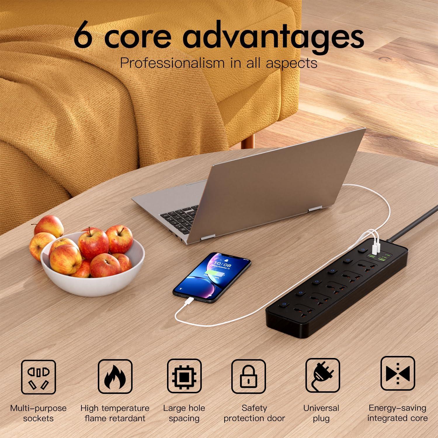 Regleta de Poder Universal SIYOMG 11 en 1 con USB y 6 pies