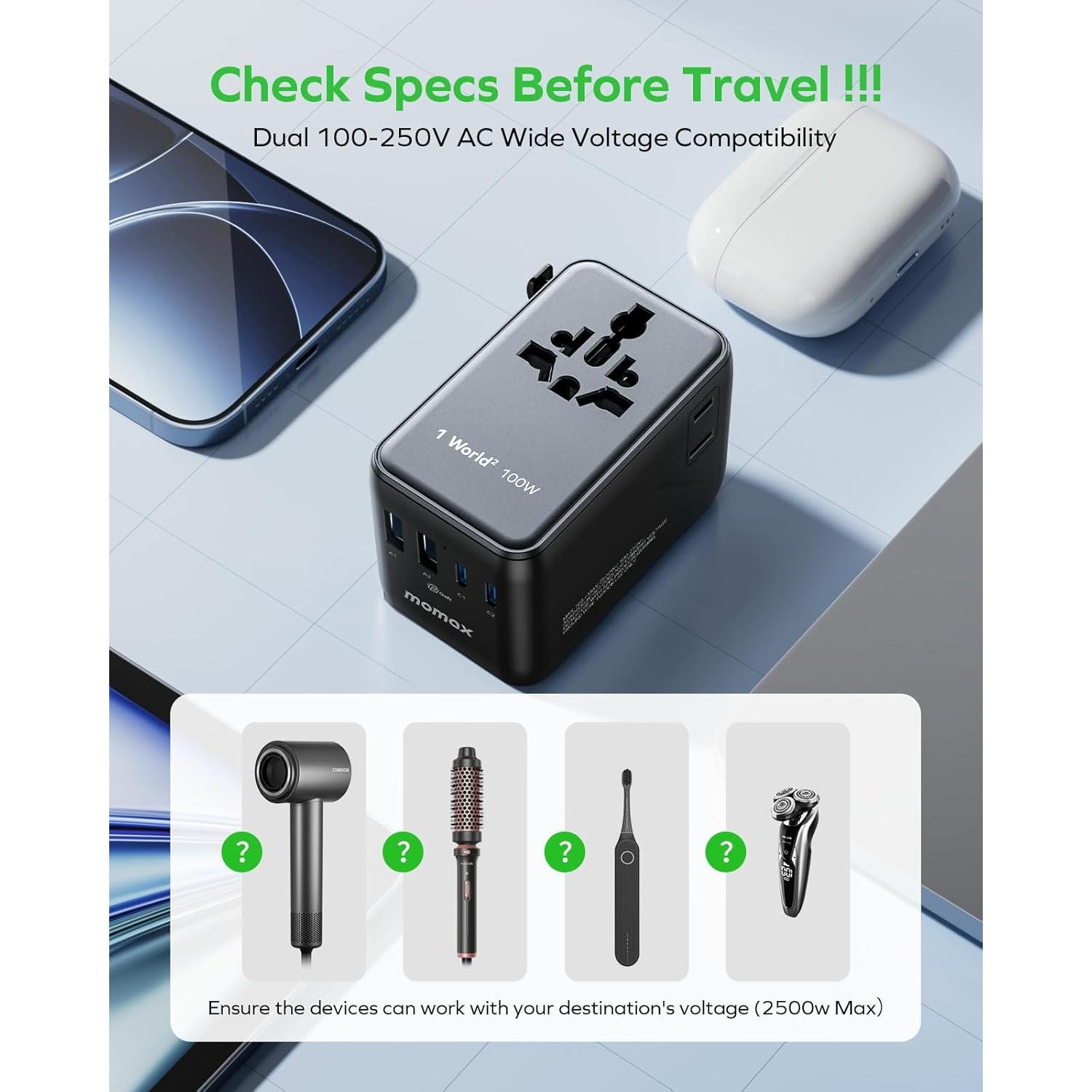 Adaptador de Viaje Universal MOMAX 100W 6 Puertos Carga Rápida
