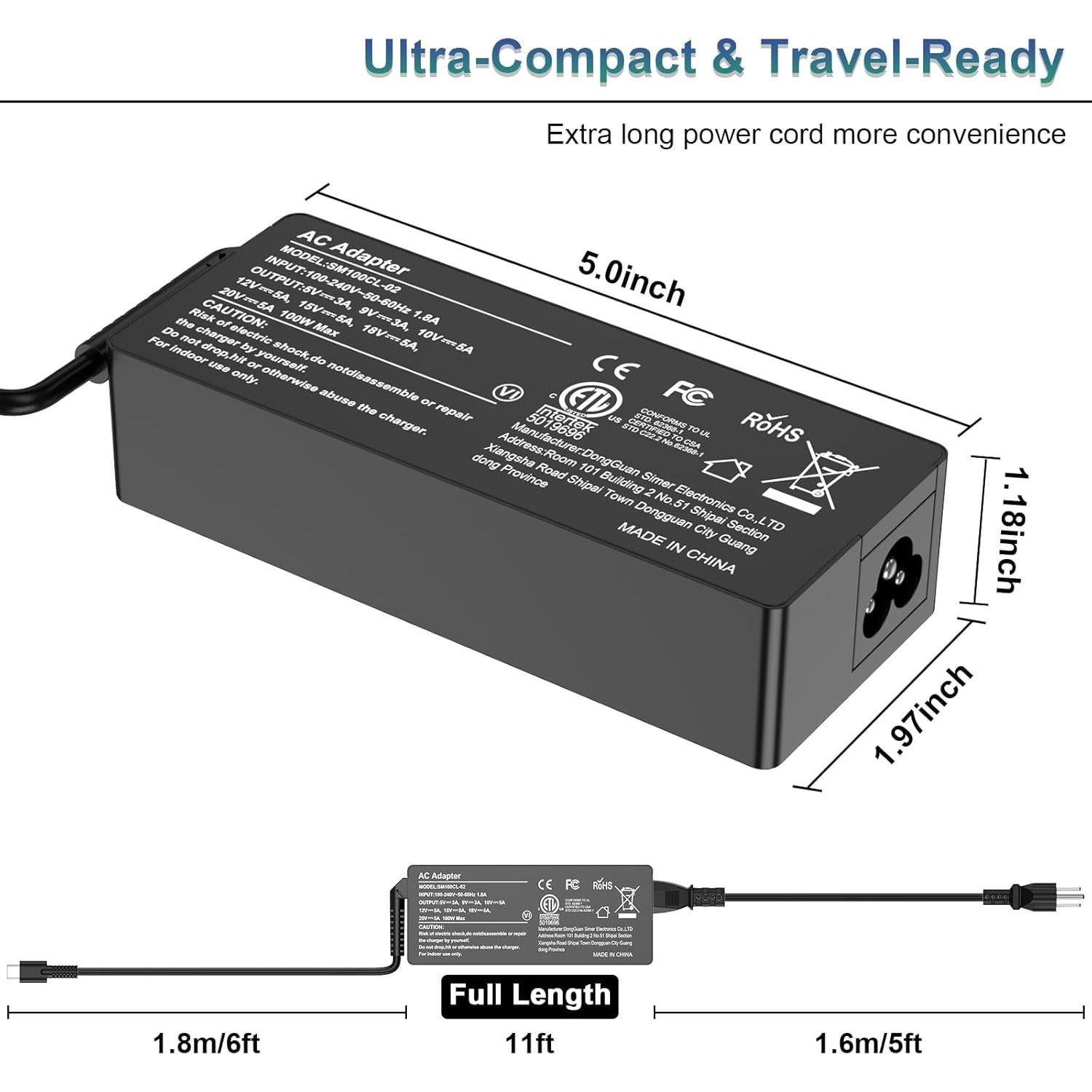 Cargador USB-C 100W DongGuan Simer con Cable 2m - Compatible con Laptops