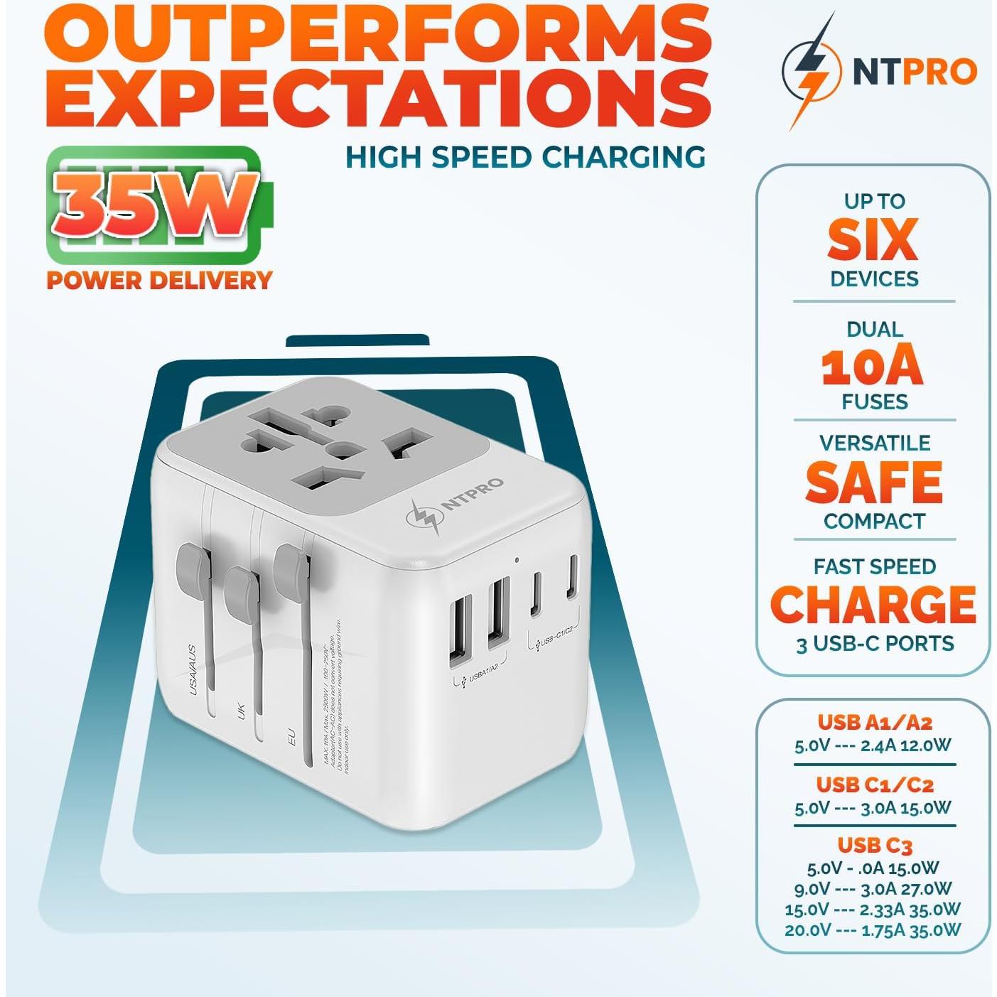 Adaptador de Viaje Universal NTPRO 6 en 1 2500W 10A USB-C