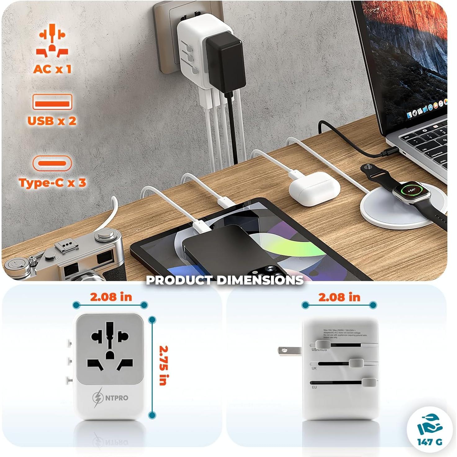 Adaptador de Viaje Universal NTPRO 6 en 1 2500W 10A USB-C
