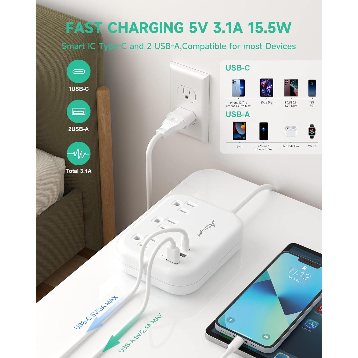 Adaptador de Enchufe Universal Alitayee 15W 3 Salidas USB 3FT