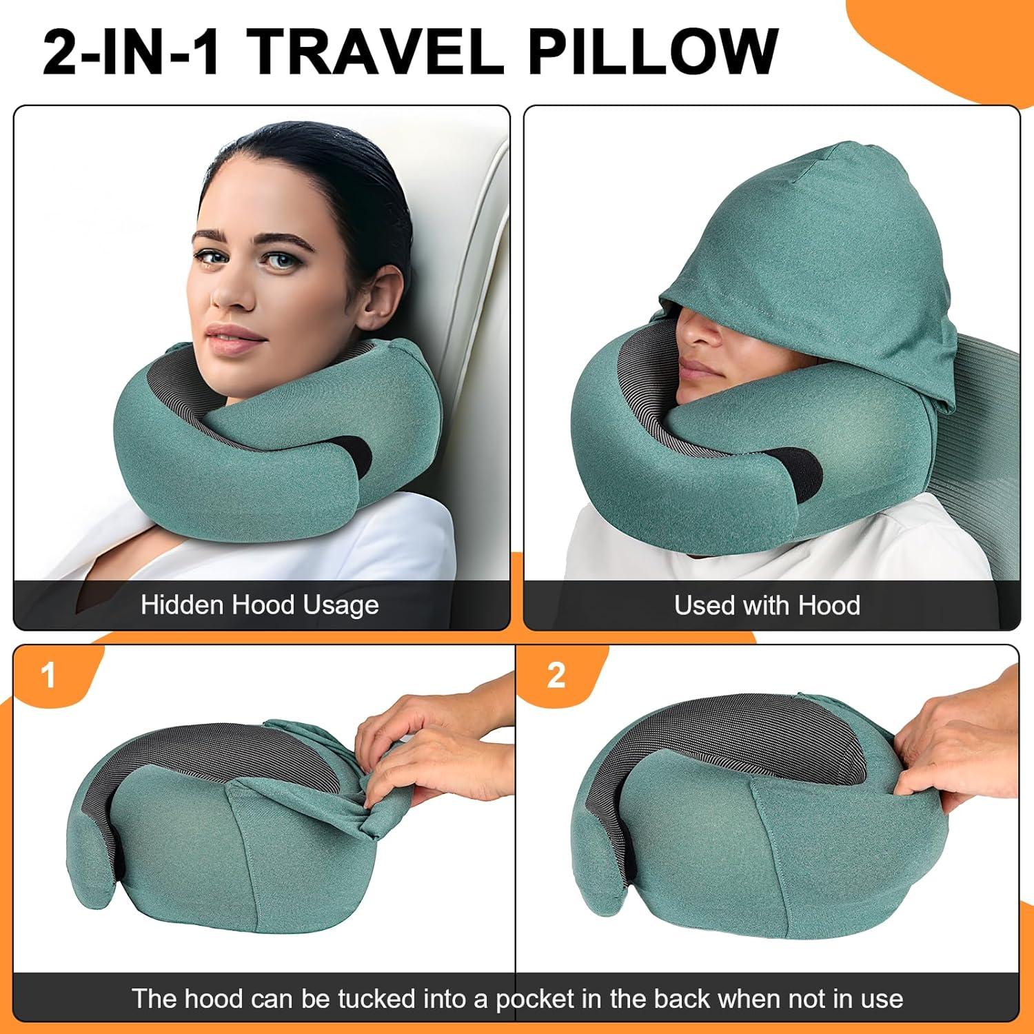 Almohada de Viaje Vzpeun con Capucha y Espuma de Memoria Verde