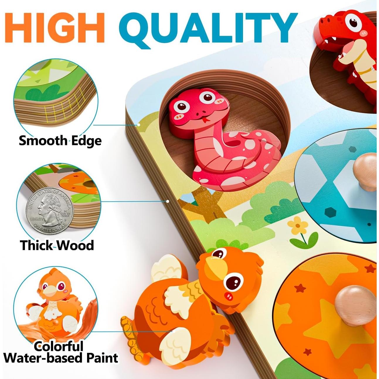 Wooden Puzzles for Toddlers 1-3, Baby Puzzle 12-18 Months, Montessori Toys for 1 Year Old Boys Girls Christmas Birthday Gifts, Animal Peg Puzzles for Toddlers 2-4, Preschool Learning Activities