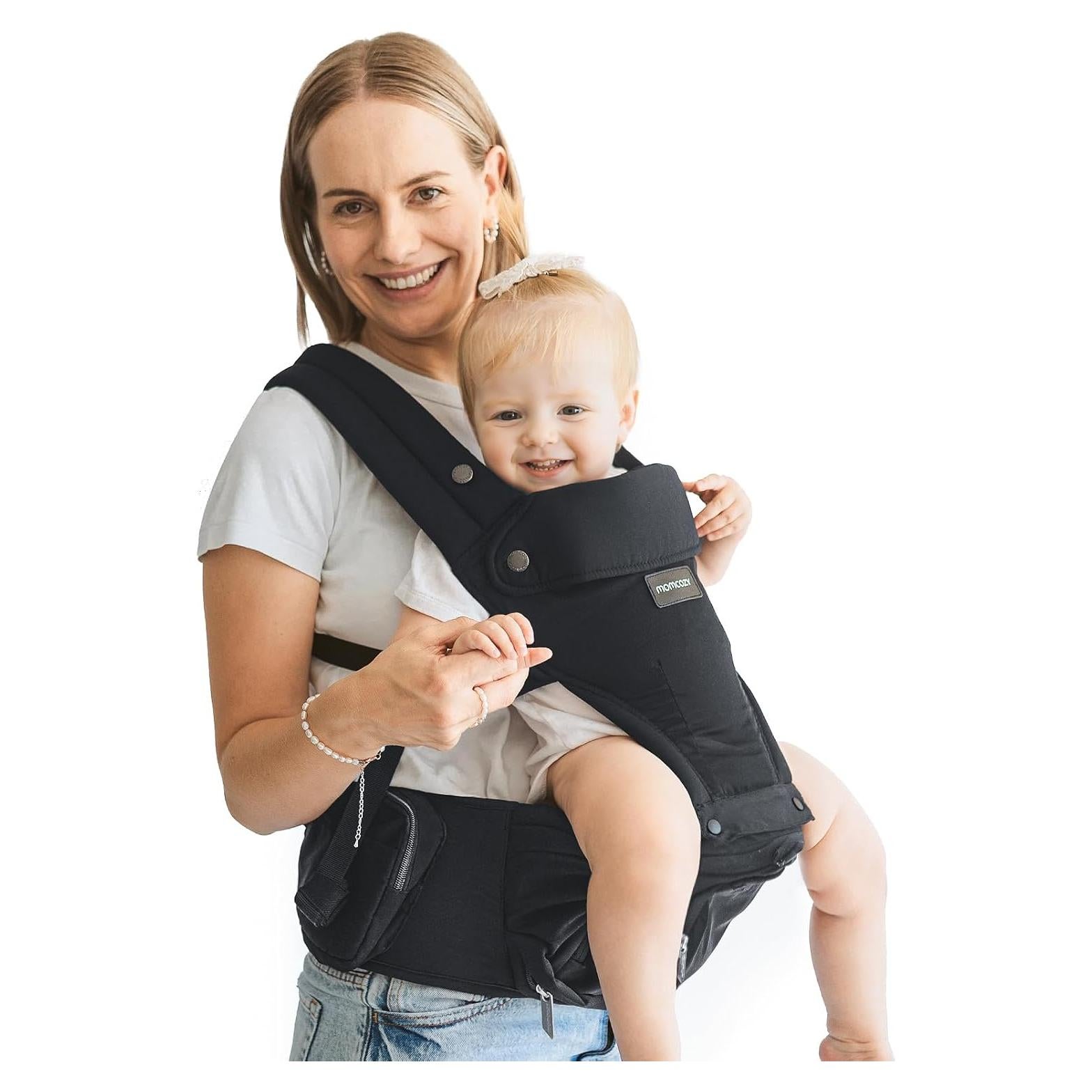 Momcozy Baby Carrier with Hip Seat, 2-in-1 Forward-Facing Carry for Active Babies, Detachable Hands-Free Infant Carrier up to 44lbs, All Seasons Toddler Carrier Fits Waist Sizes up to 45 Inches, Black