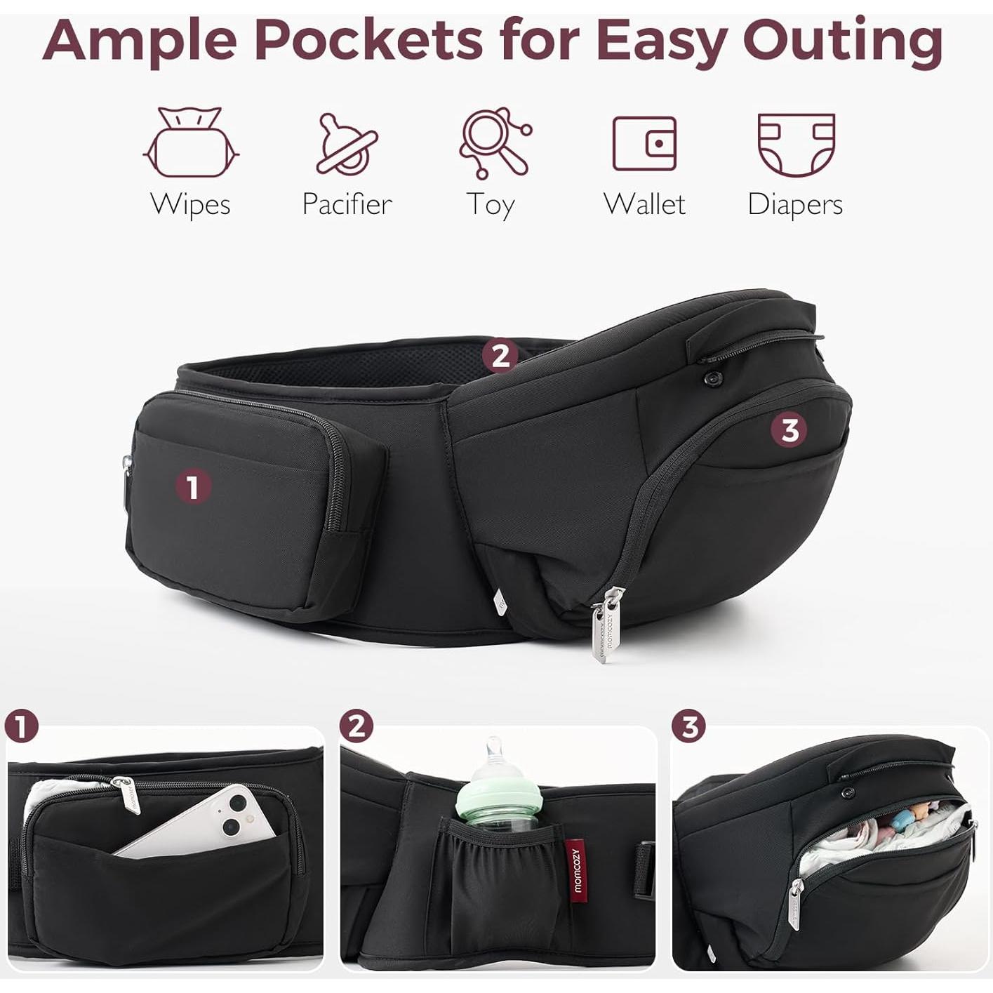 Momcozy Baby Carrier with Hip Seat, 2-in-1 Forward-Facing Carry for Active Babies, Detachable Hands-Free Infant Carrier up to 44lbs, All Seasons Toddler Carrier Fits Waist Sizes up to 45 Inches, Black