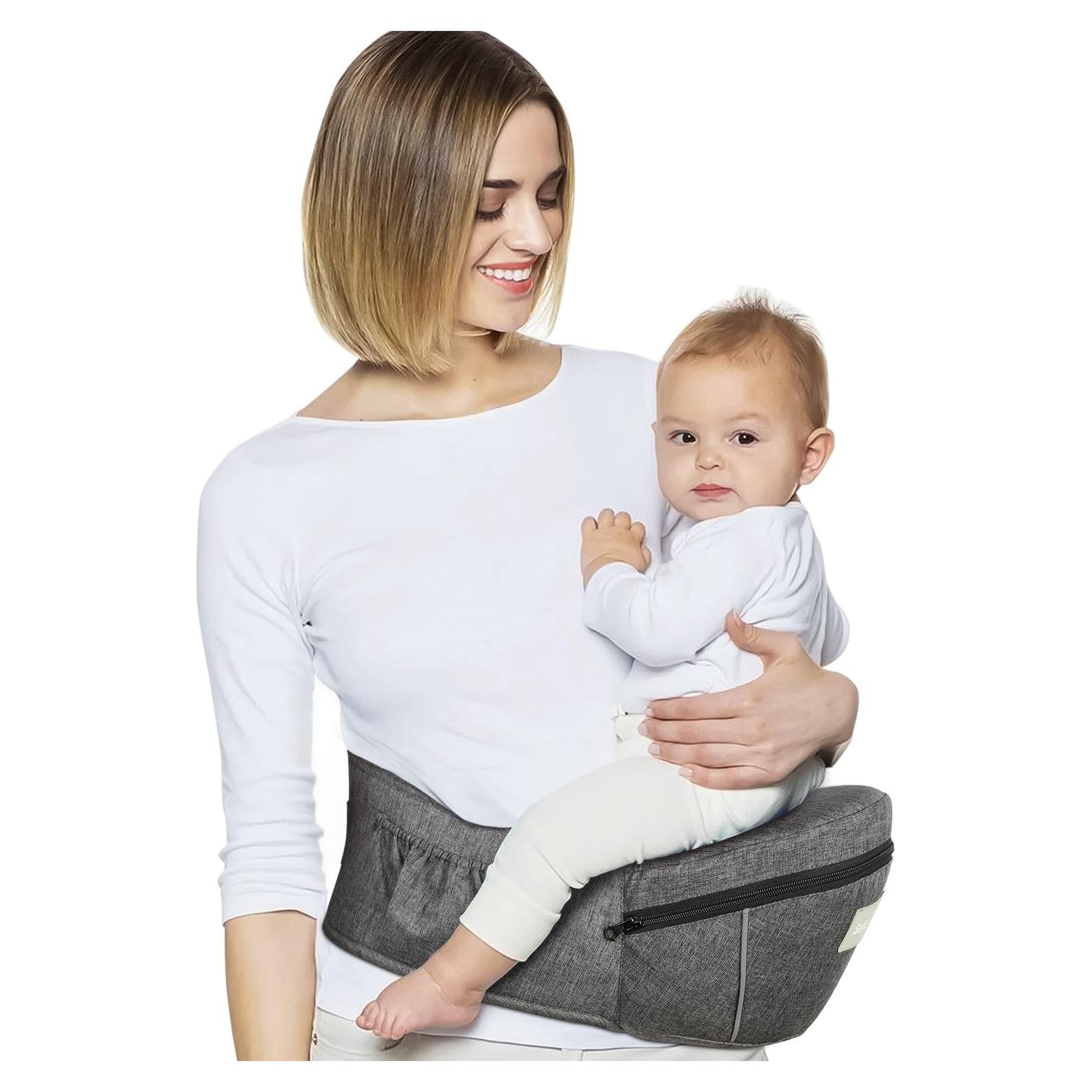 Portabebés ergonómico gris con asiento de cadera y bolsillo