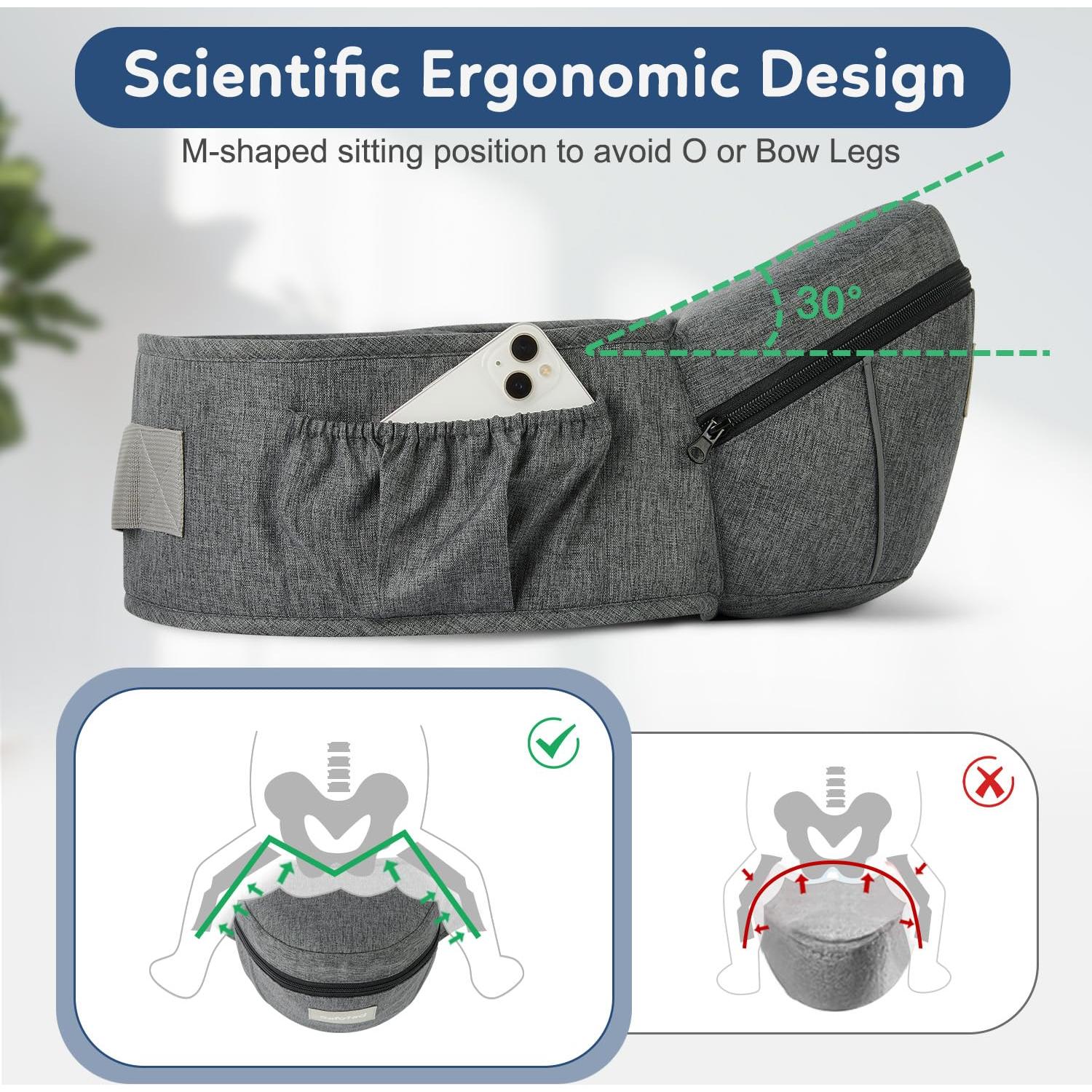 Portabebés ergonómico gris con asiento de cadera y bolsillo