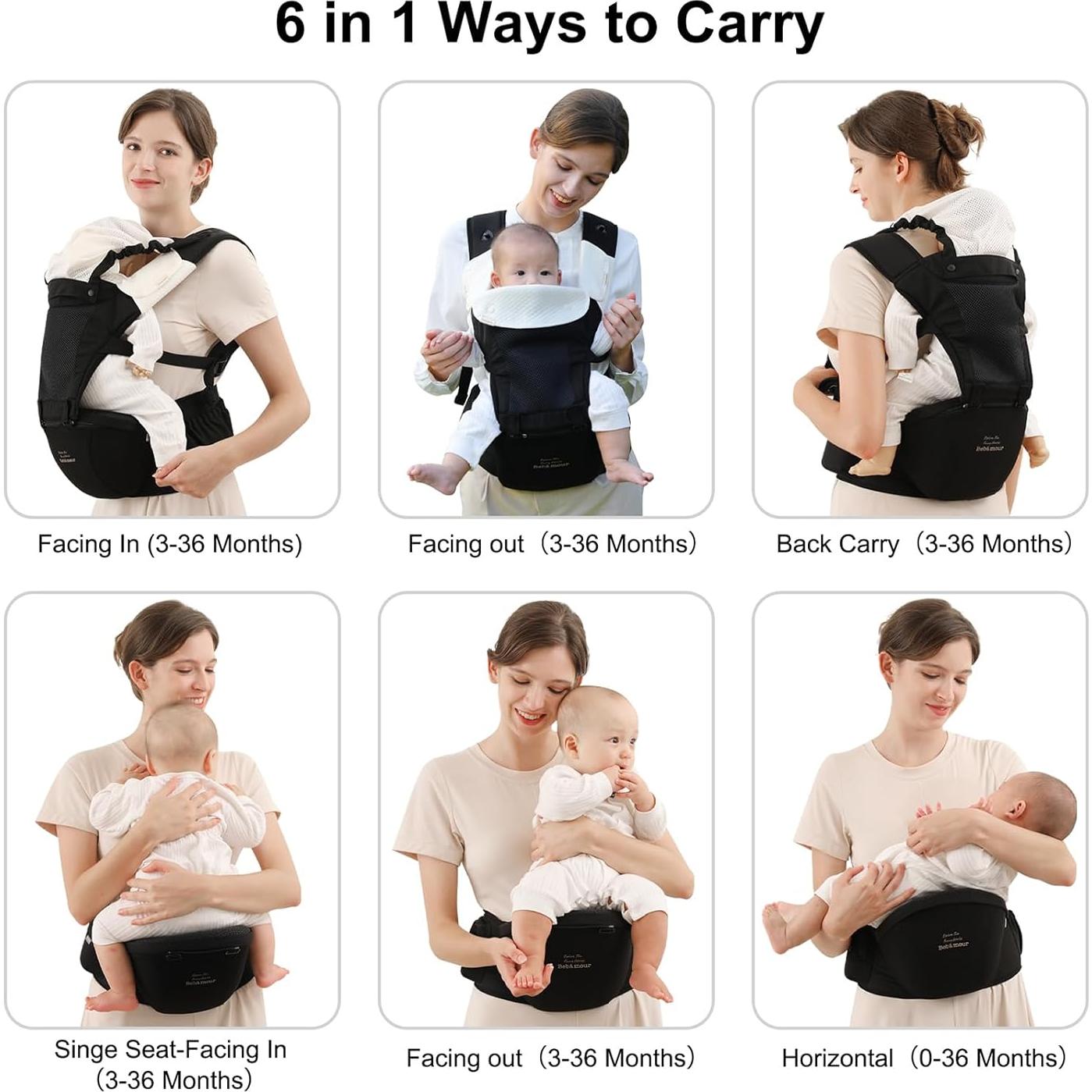 Portabebés Bebamour Caqui 0-36 meses, malla transpirable, 6 posiciones