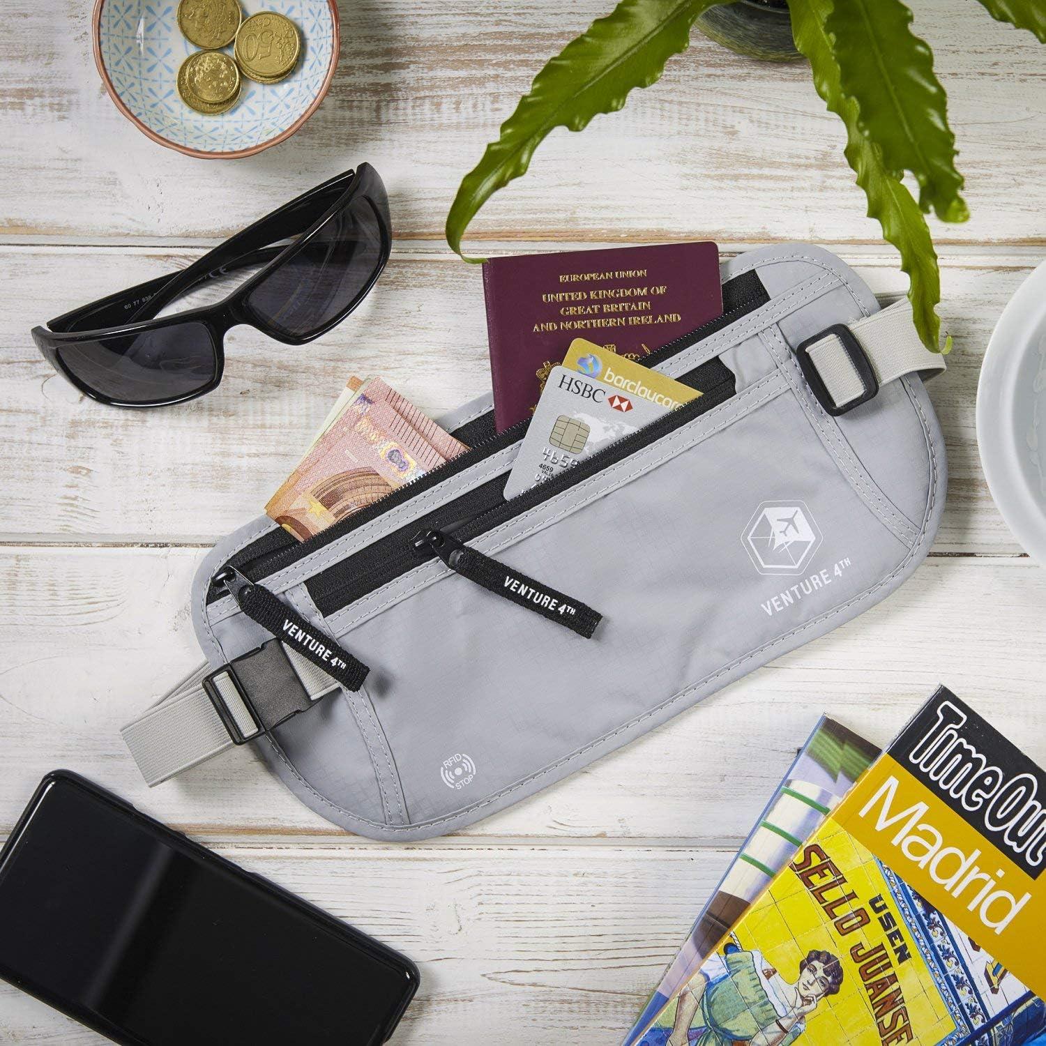 Cinturón de Dinero VENTURE 4TH con Bloqueo RFID - Beige y Plateado