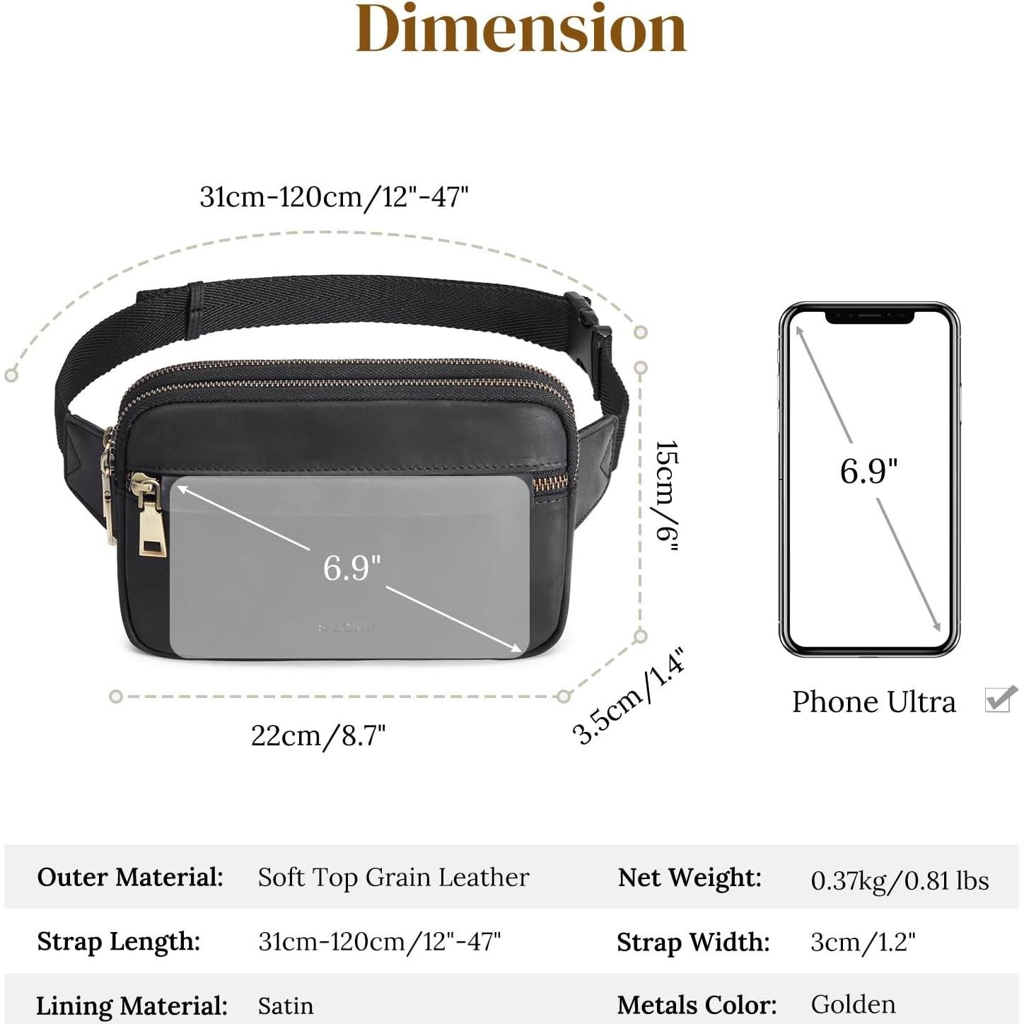 Riñonera de Cuero Genuino S-ZONE con Bloqueo RFID - 22x3.5x15cm