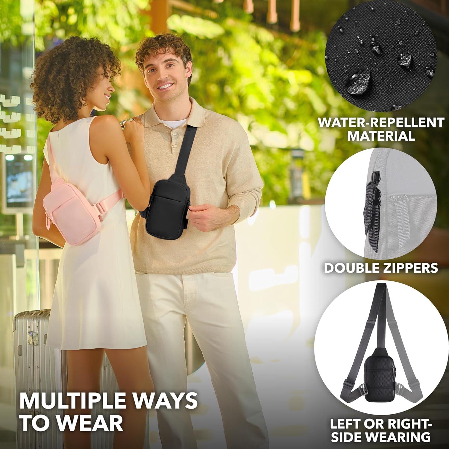 Mini Sling Bag Trailoom Negro - Correa Intercambiable, Repelente al Agua, Bloqueo RFID