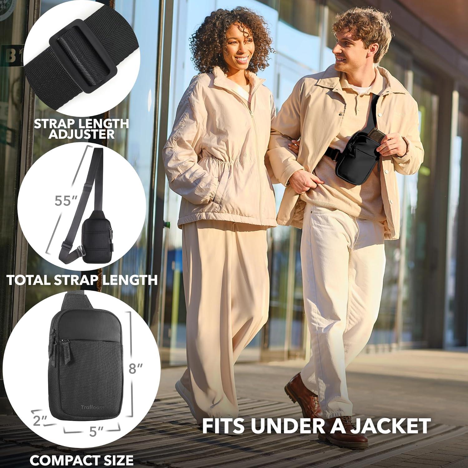 Mini Sling Bag Trailoom Negro - Correa Intercambiable, Repelente al Agua, Bloqueo RFID