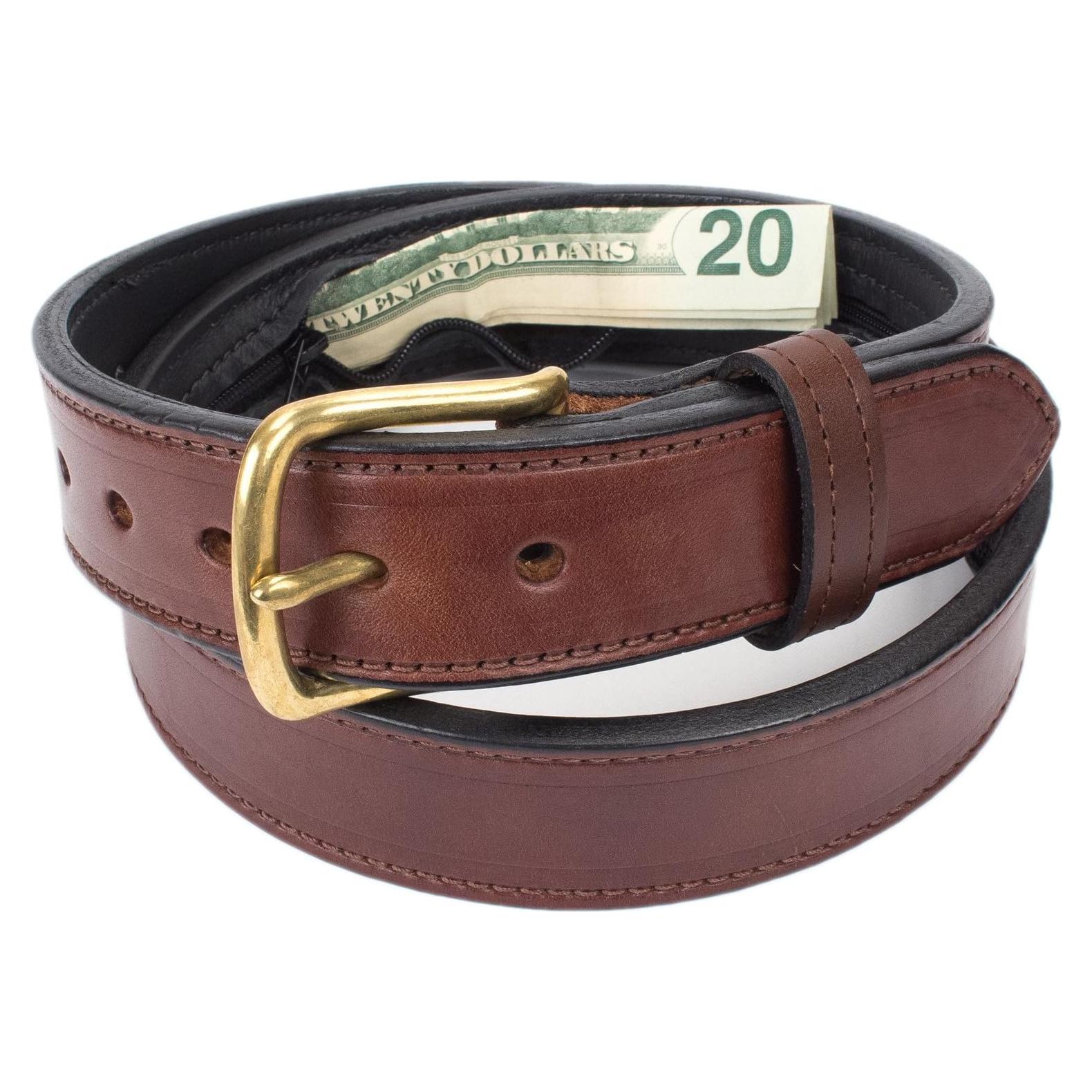 Cinturón de Cuero Bridle Marrón con Bolsillo Oculto 63.5 cm