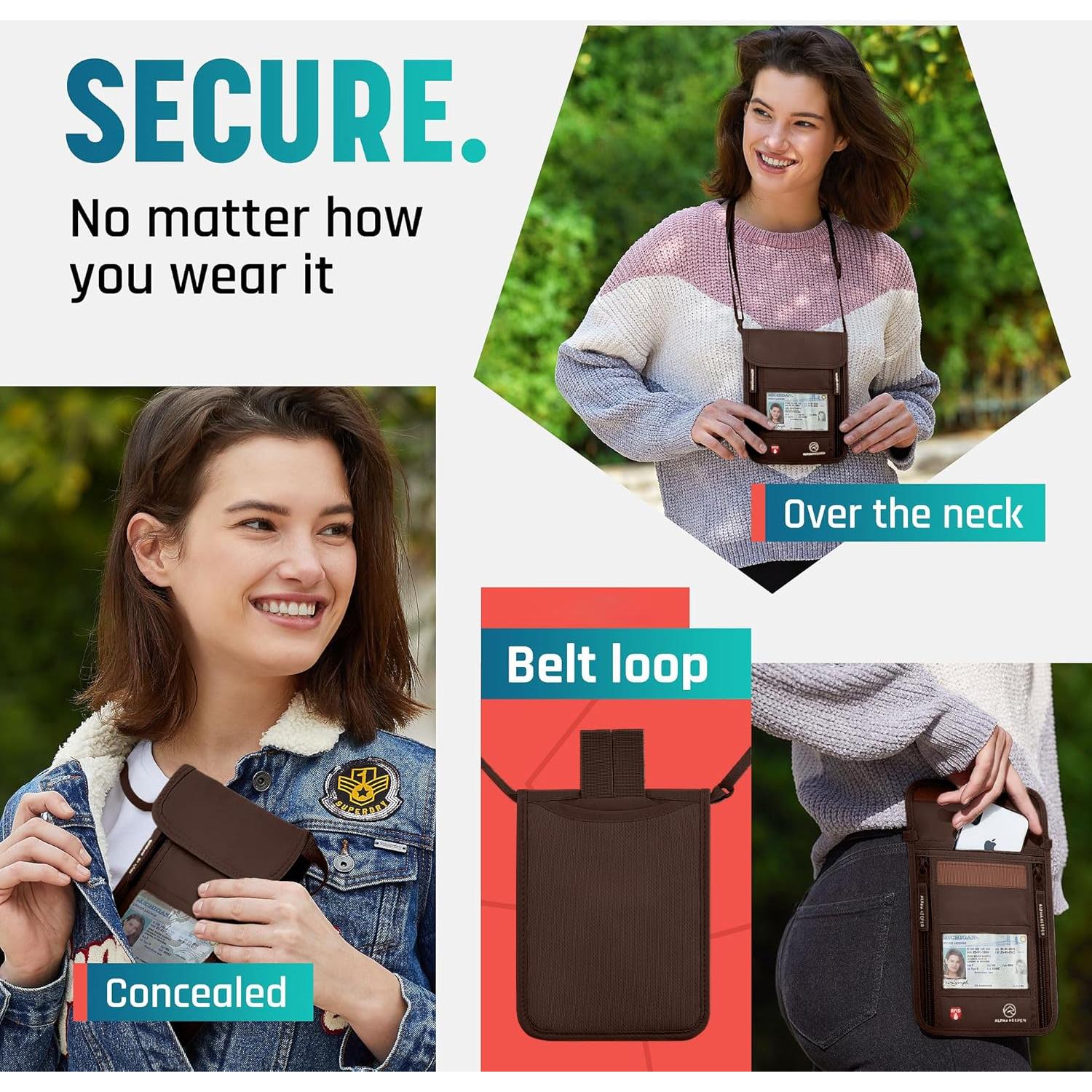 Billetera de Cuello Alpha Keeper para Viajes - RFID, Marrón