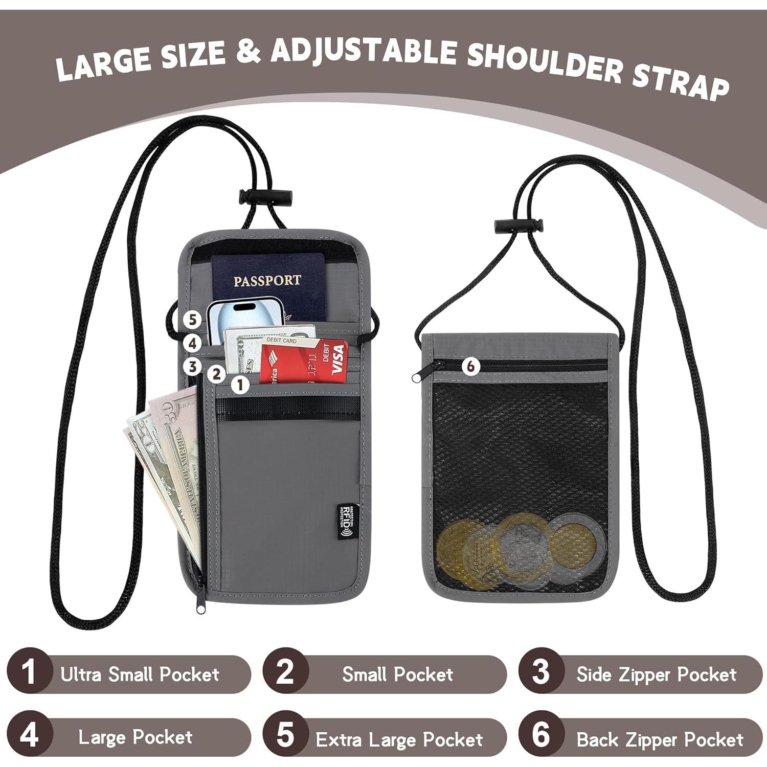 Billetera de Cuello de Viaje Likesing Gris con Bloqueo RFID