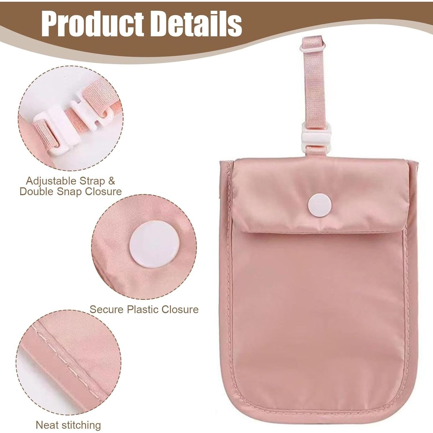 Billetera Oculta Lavable RFID FjiProu para Sujetador Rosa