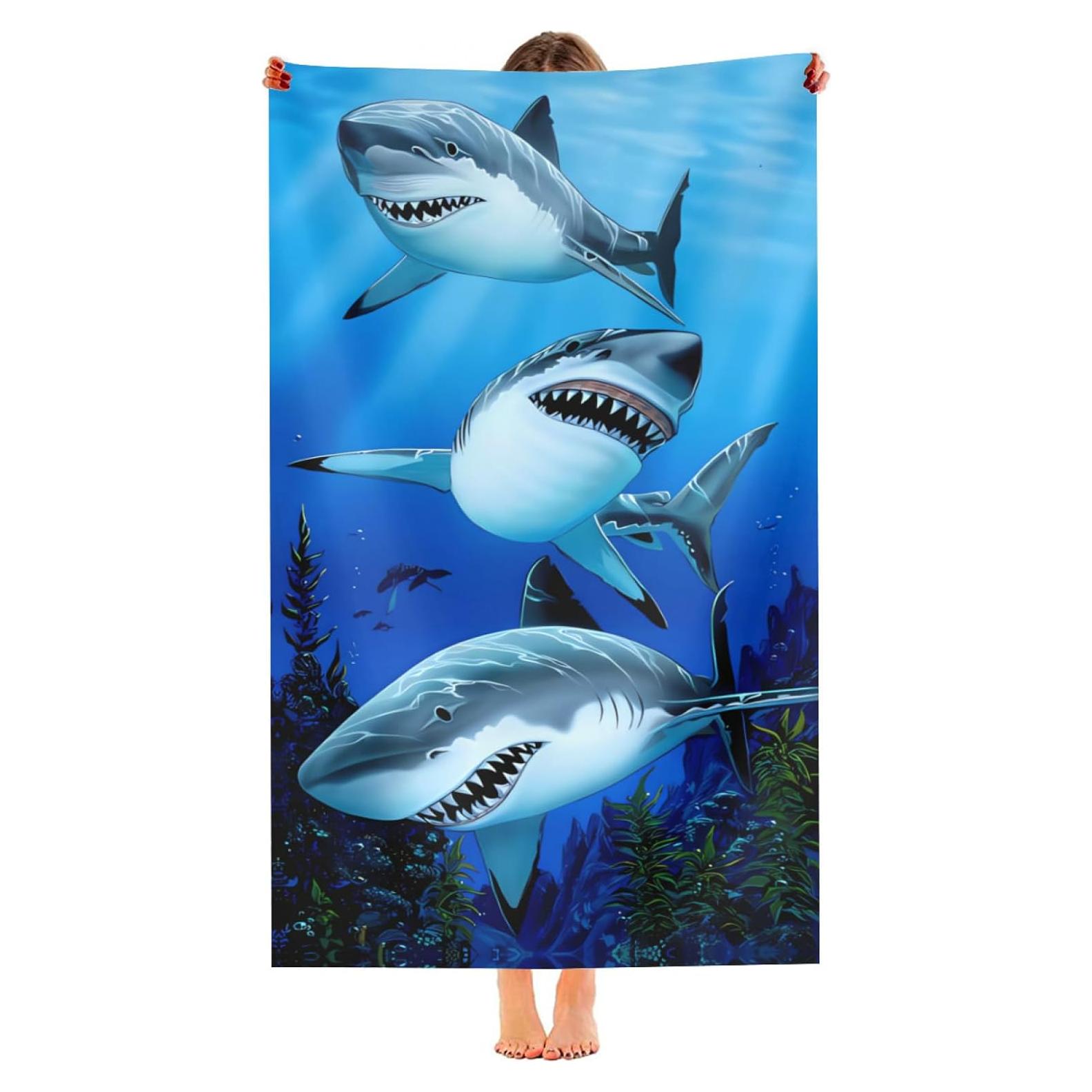 Toalla de Playa Microfibra Feeuoai 150x80cm Tiburón Secado Rápido