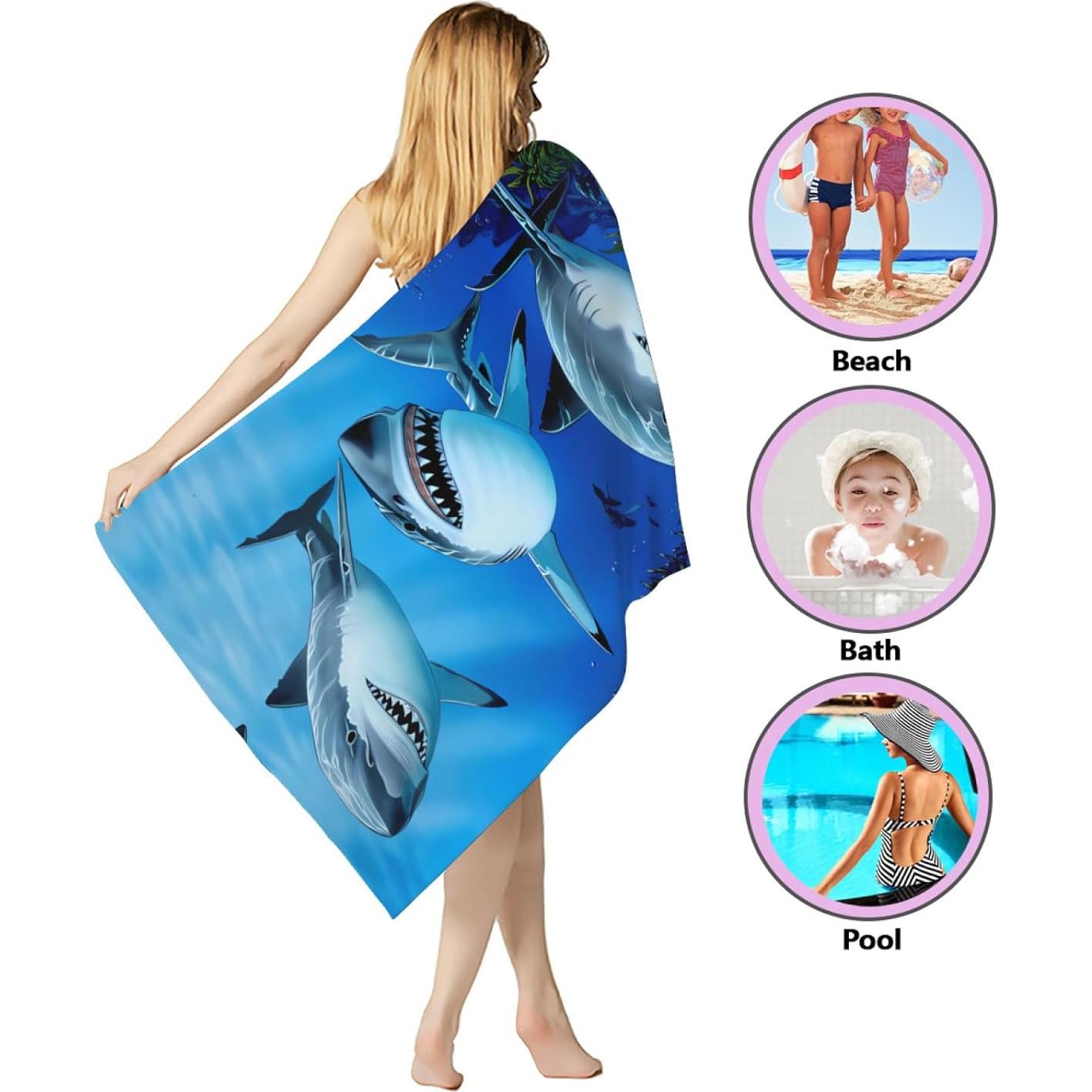 Toalla de Playa Microfibra Feeuoai 150x80cm Tiburón Secado Rápido