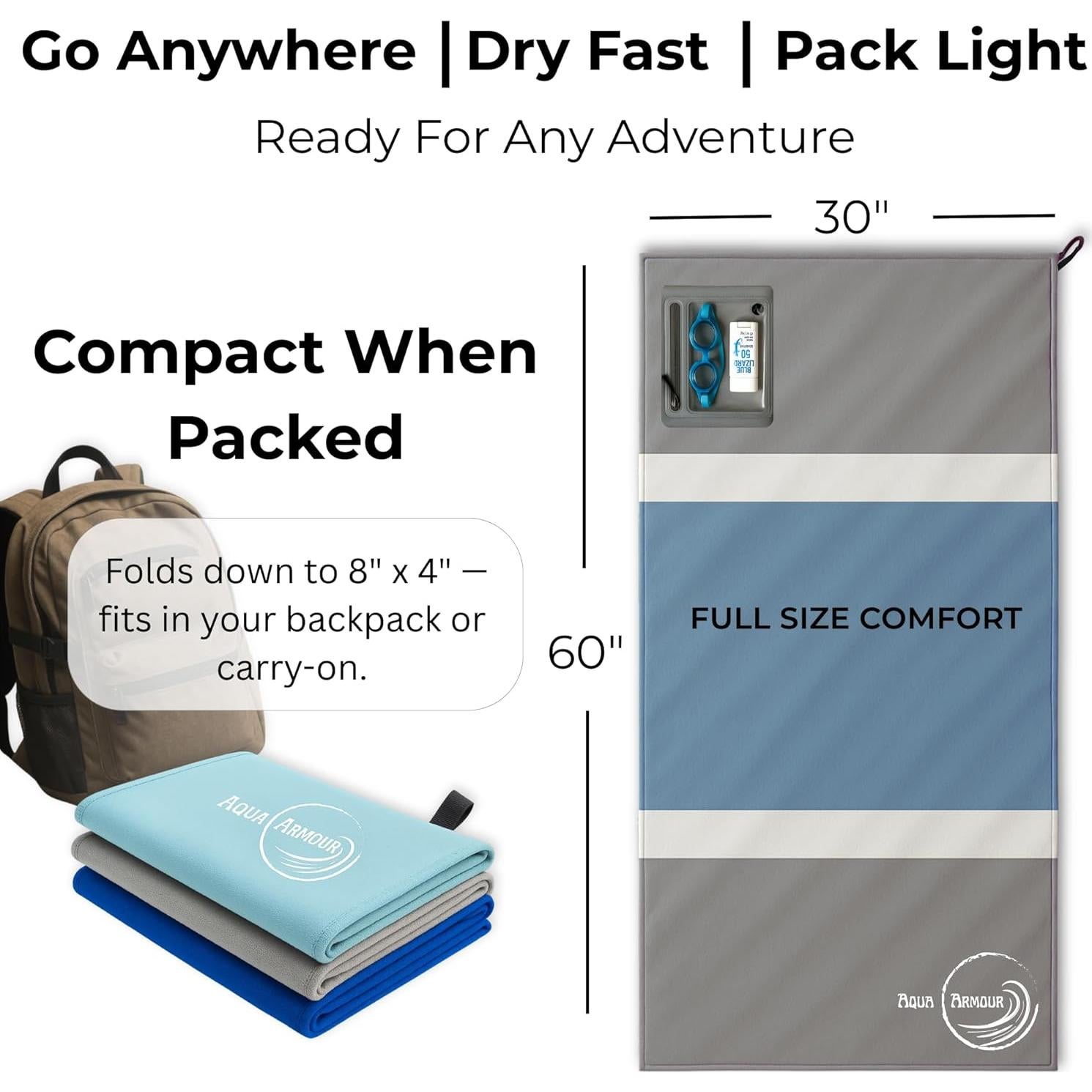 Toalla de Playa The Go Anywhere Towel Gris 76x152 cm Secado Rápido