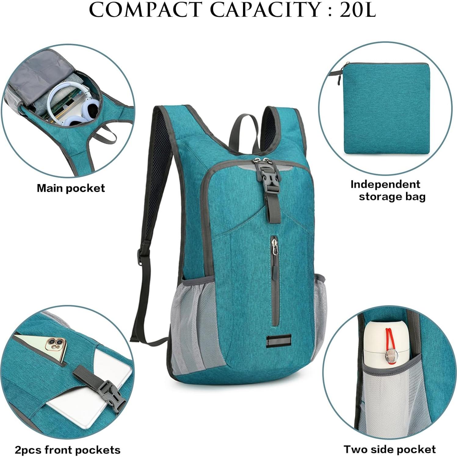 Mochila de Senderismo Plegable 20L Unisex Azul Pavo Real