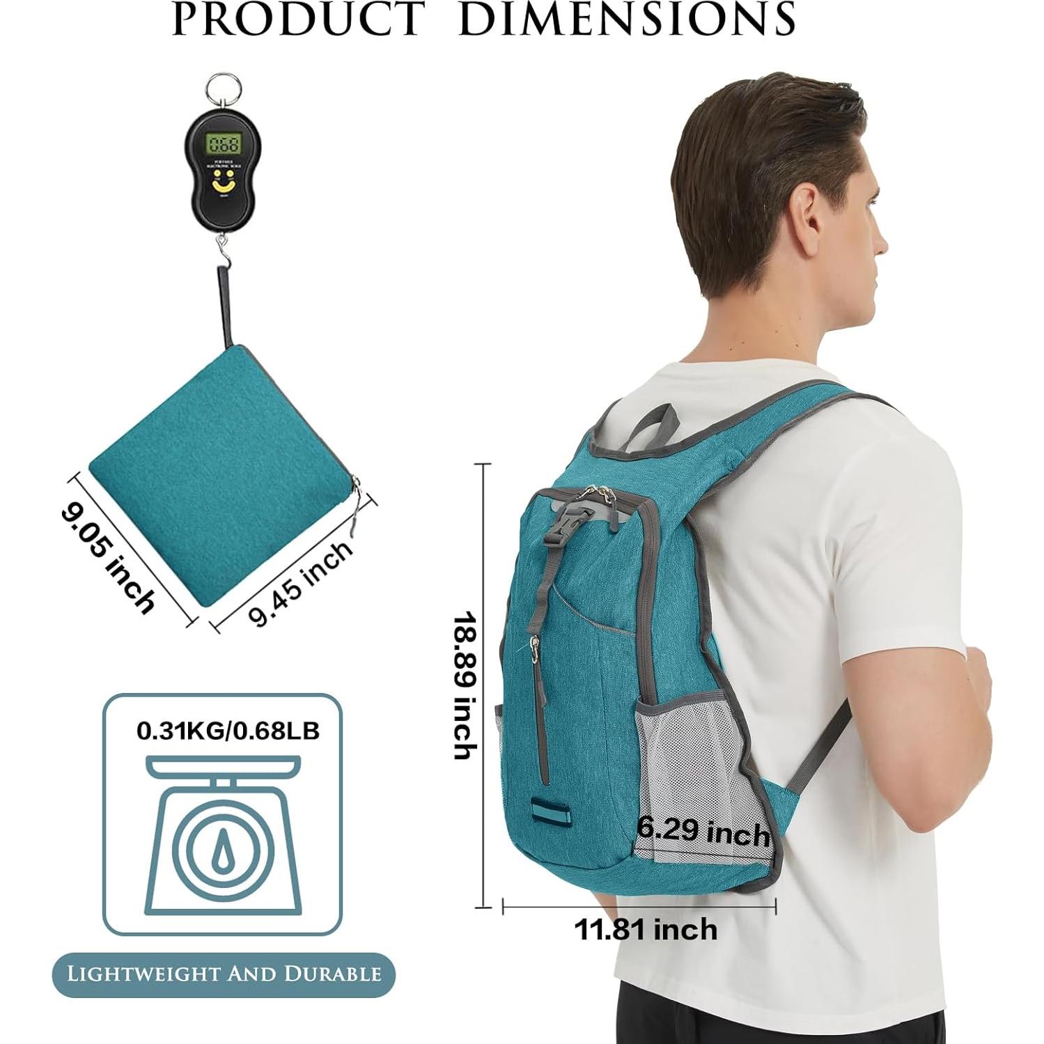 Mochila de Senderismo Plegable 20L Unisex Azul Pavo Real