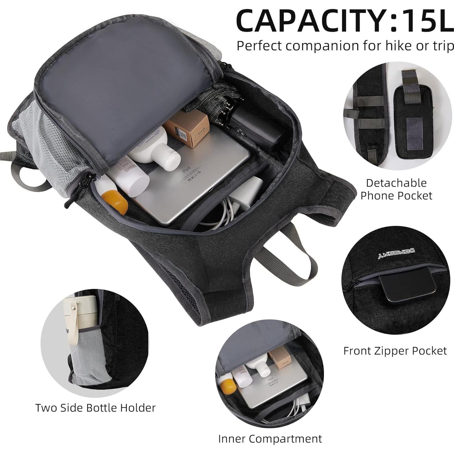 Mochila de Senderismo Plegable 15L Ligera Negra Unisex