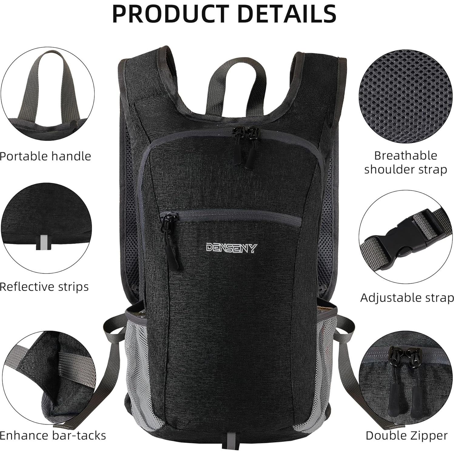 Mochila de Senderismo Plegable 15L Ligera Negra Unisex