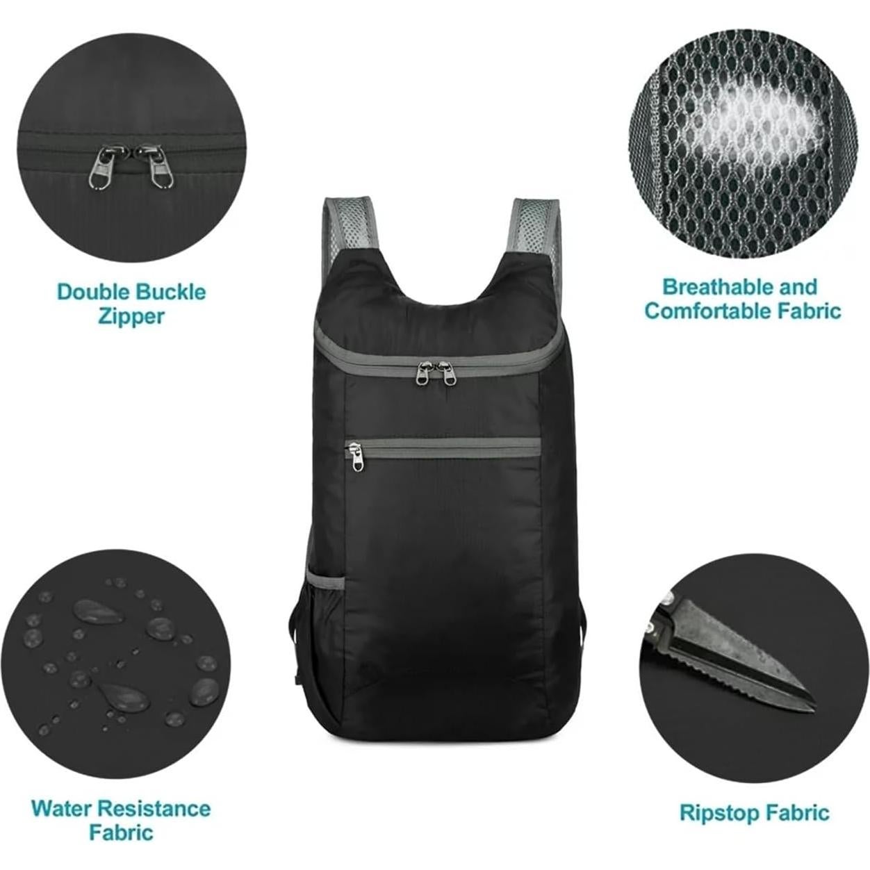 Mochila Plegable 20L Resistente al Agua para Viajes - Negro