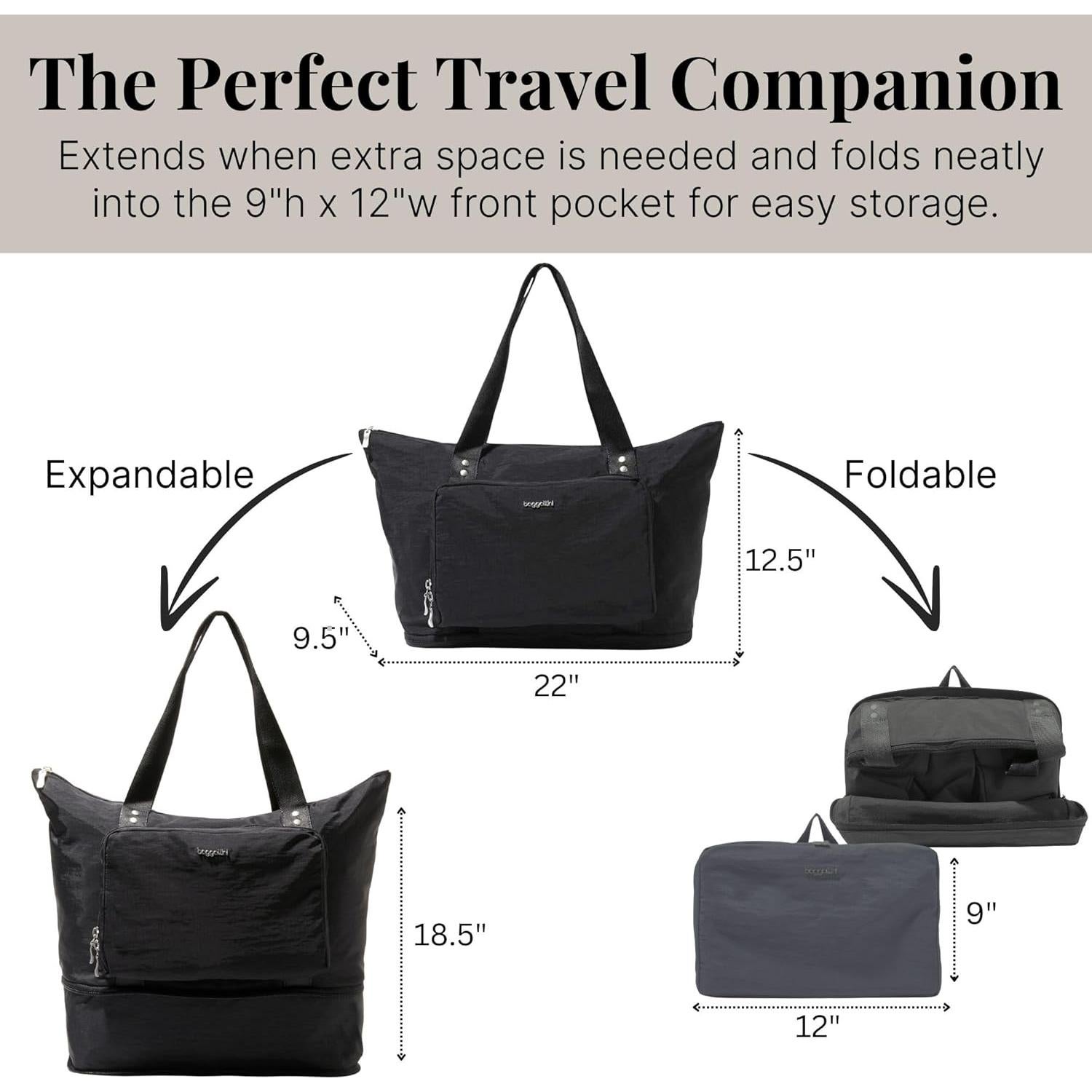 Bolsa Tote Expandible Baggallini 56 cm Nylon Lavable Negro