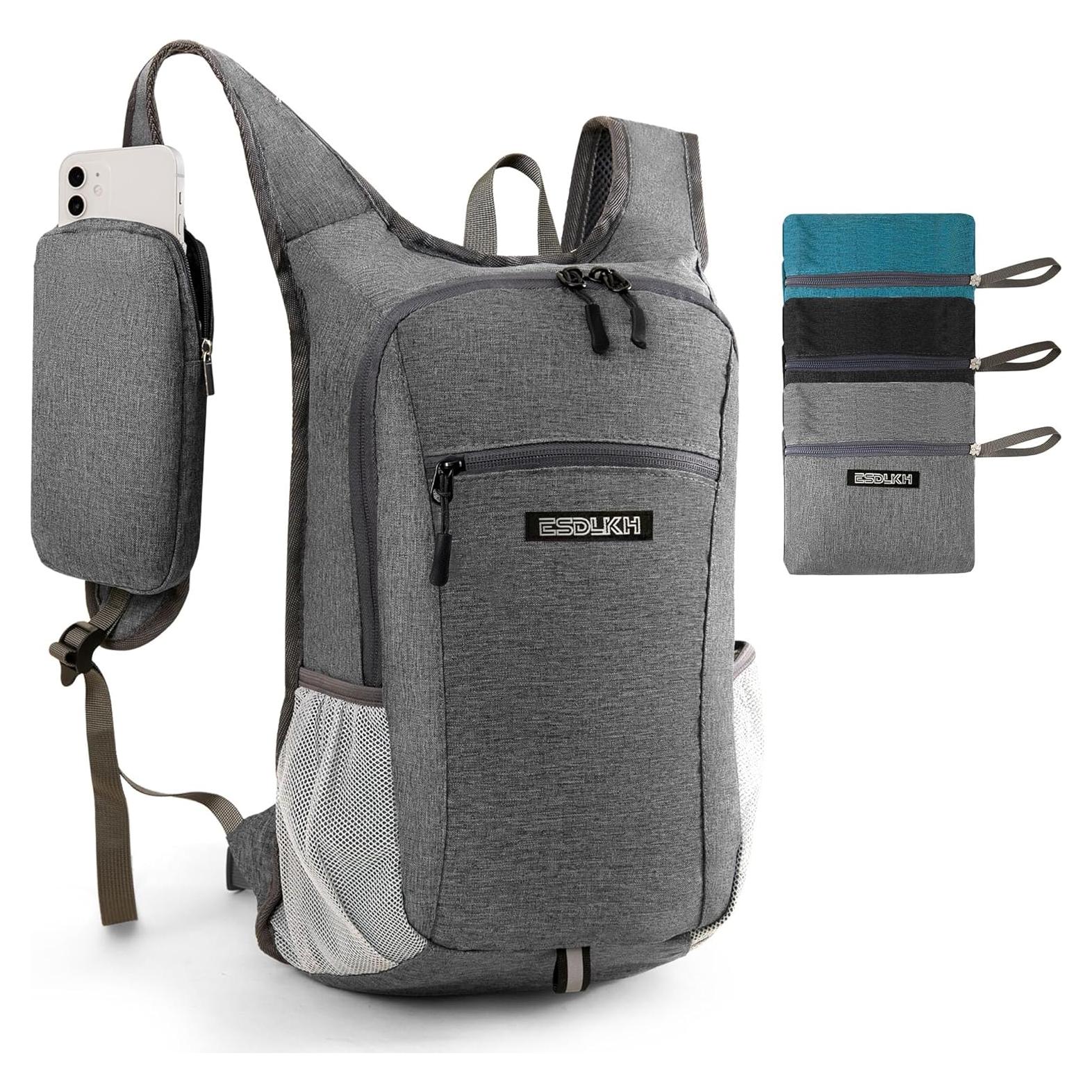 Mochila de Senderismo Plegable 15L Gris con Soporte para Teléfono