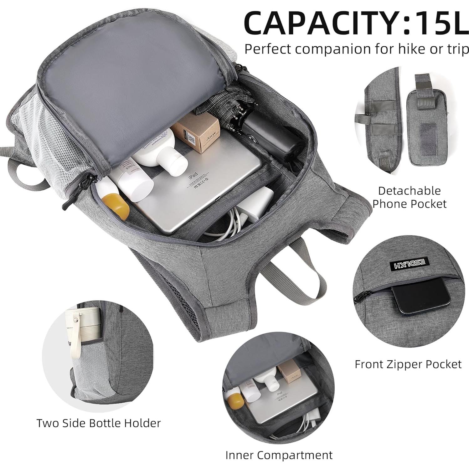 Mochila de Senderismo Plegable 15L Gris con Soporte para Teléfono
