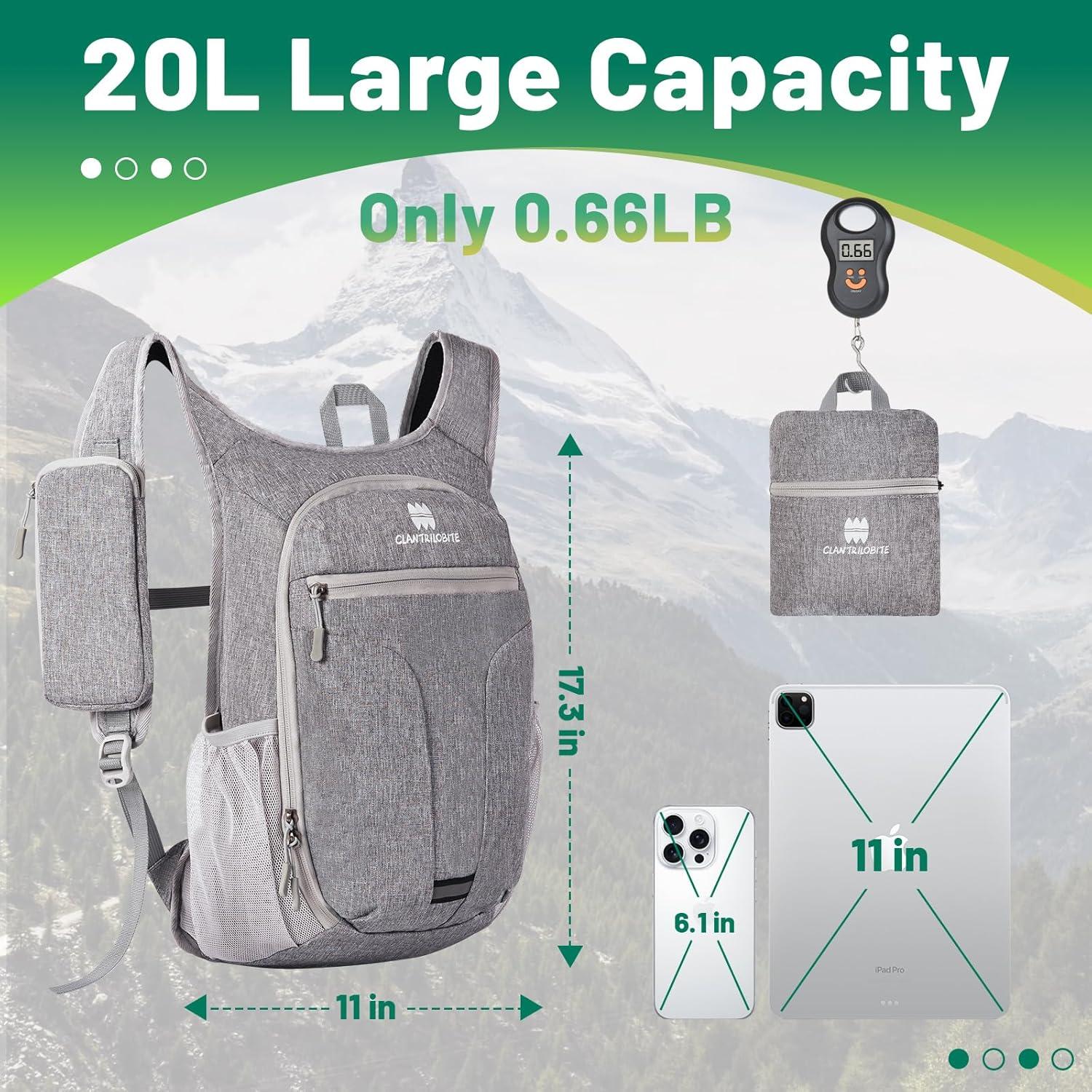 Mochila de Senderismo Plegable 20L Gris - Ultraligera y Impermeable