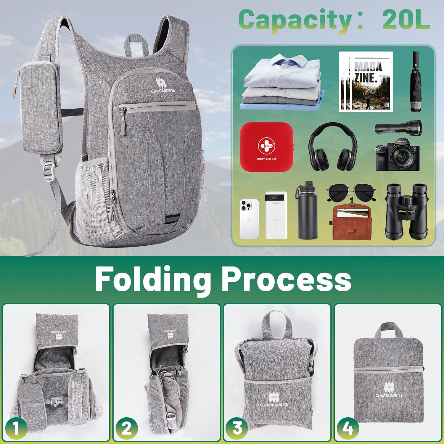 Mochila de Senderismo Plegable 20L Gris - Ultraligera y Impermeable