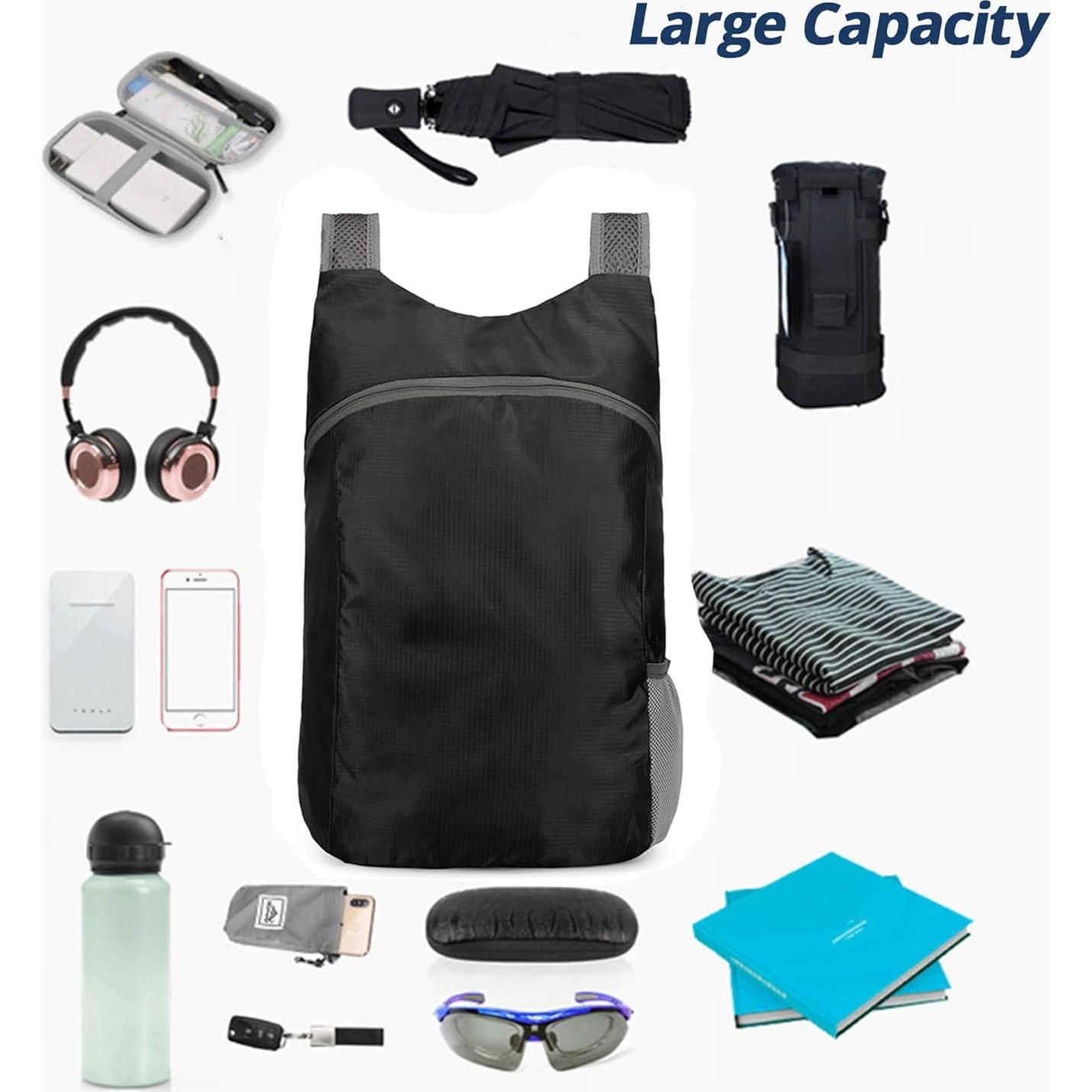 Mochila de viaje plegable 20L impermeable negra unisex