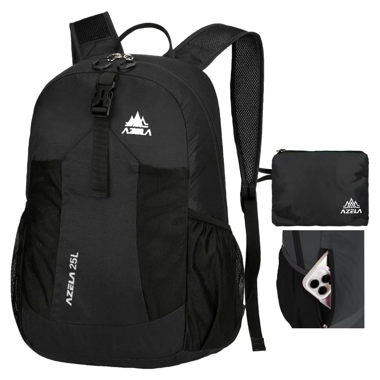 Mochila Plegable Ligera 25L Negra para Viajes y Senderismo