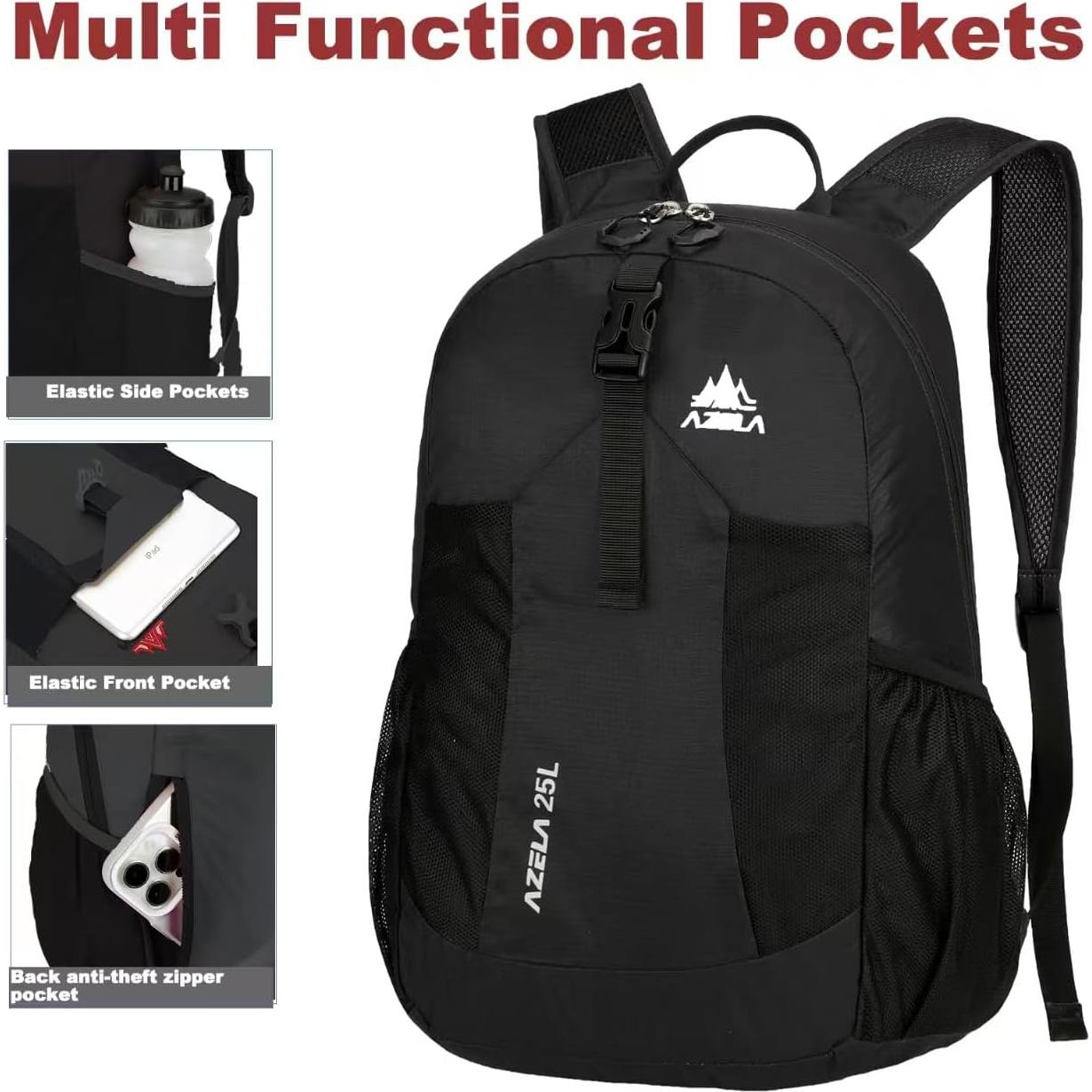 Mochila Plegable Ligera 25L Negra para Viajes y Senderismo