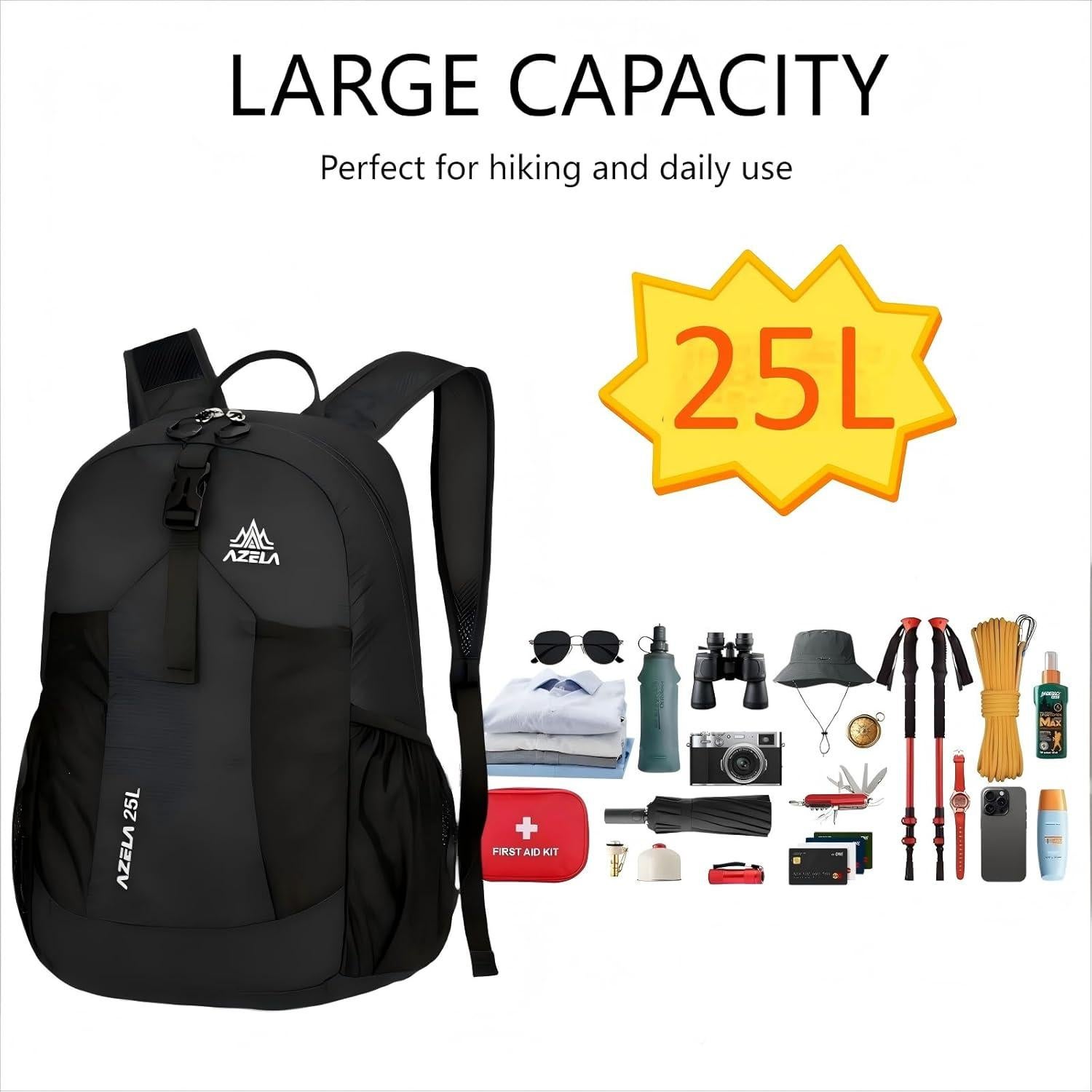 Mochila Plegable Ligera 25L Negra para Viajes y Senderismo