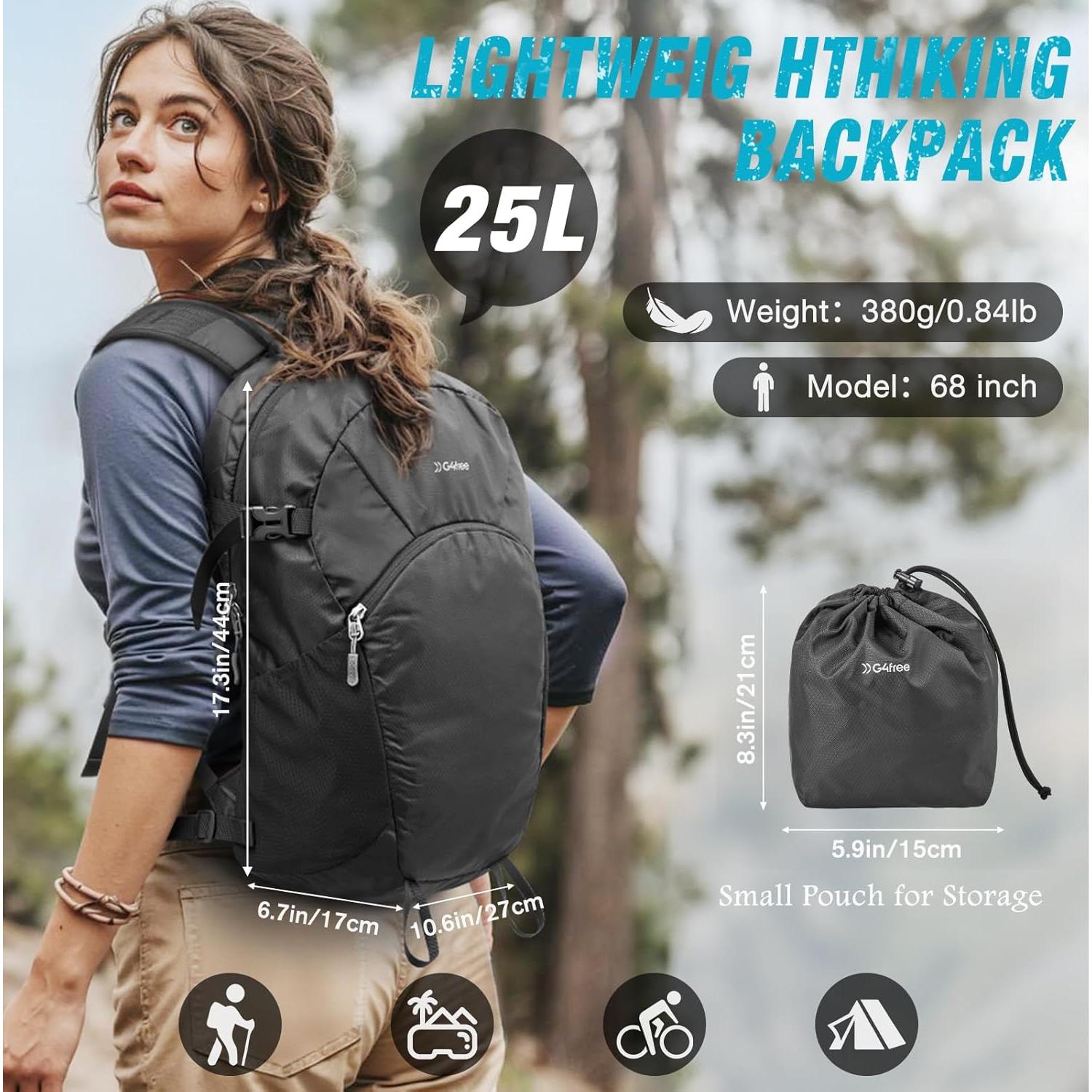 Mochila de Senderismo G4Free 25L Plegable Ligera Negra