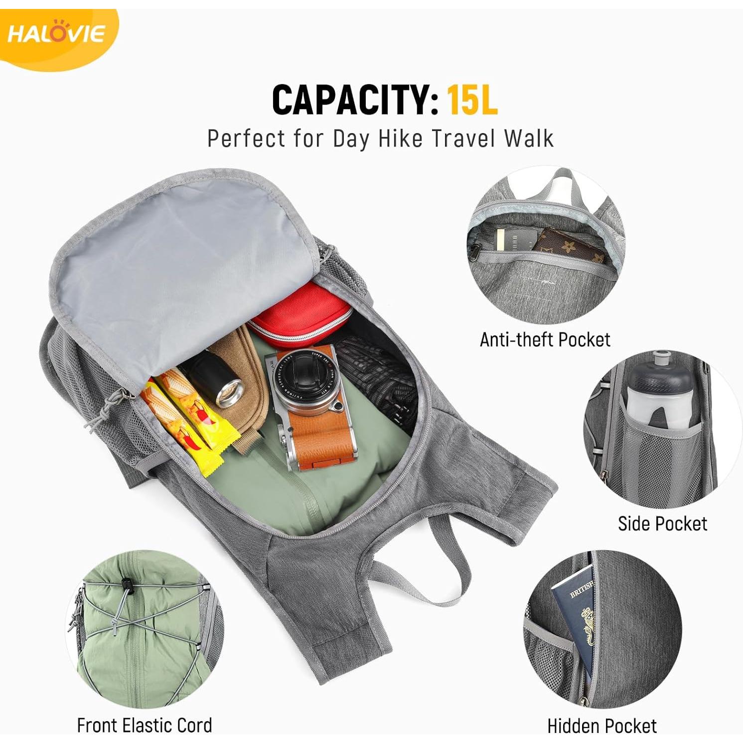 Mochila de Senderismo Plegable HALOVIE 15L Gris Claro