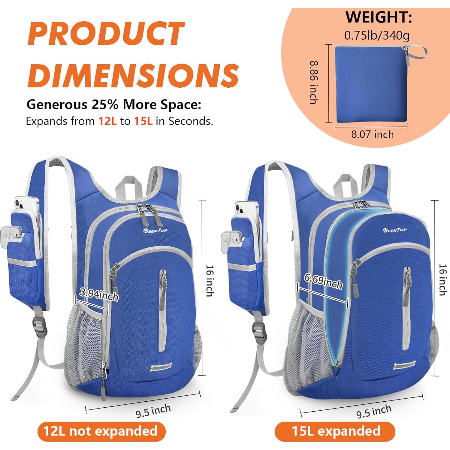 Mochila de Senderismo Expandible Seektop 12-15L Impermeable