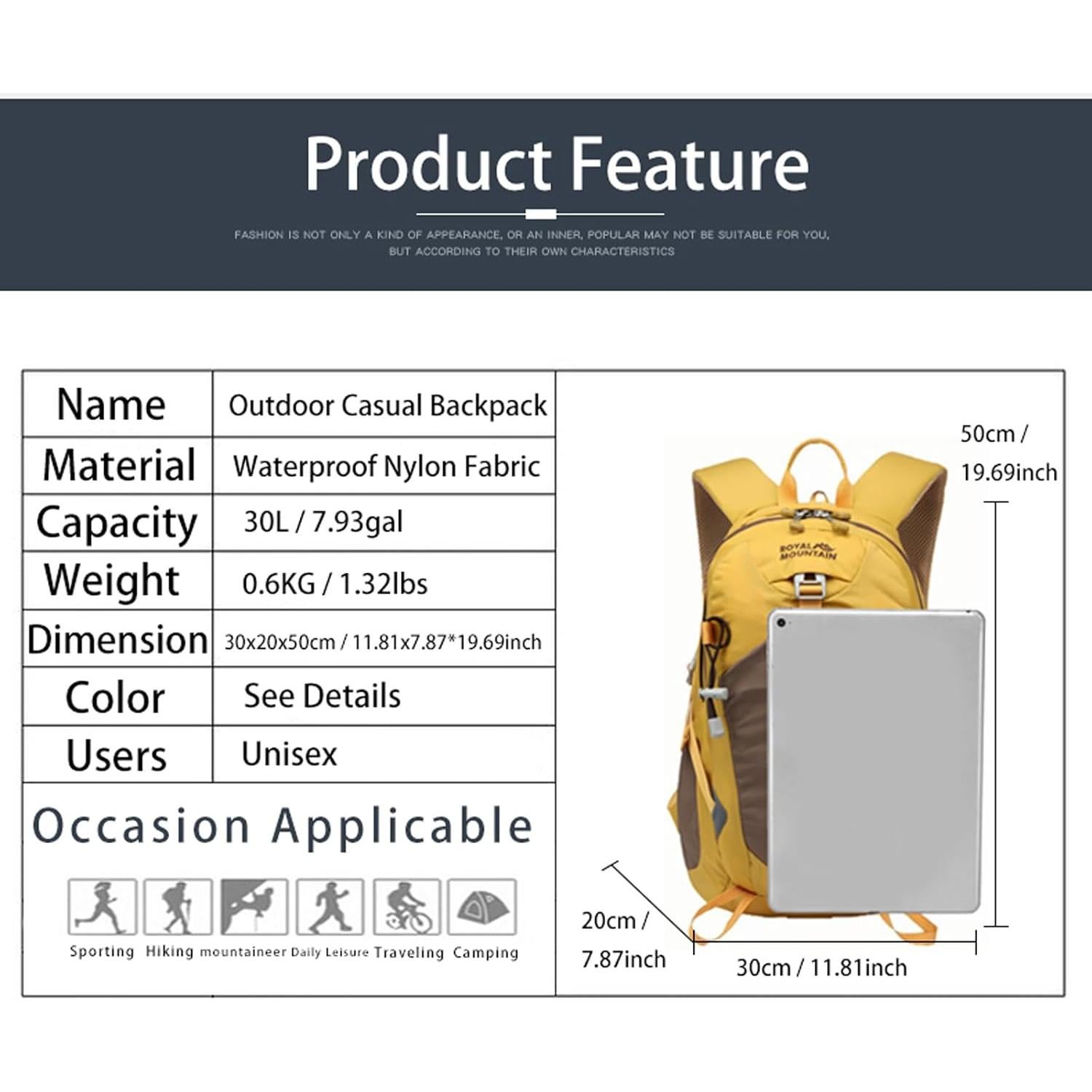 Mochila de Senderismo 30L ROYAL MOUNTAIN Amarilla Impermeable