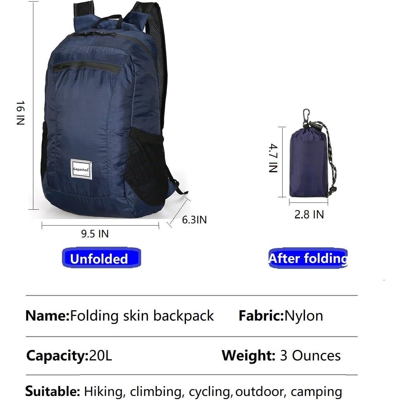 Mochila de Senderismo Plegable 15L Azul Oscuro Unisex