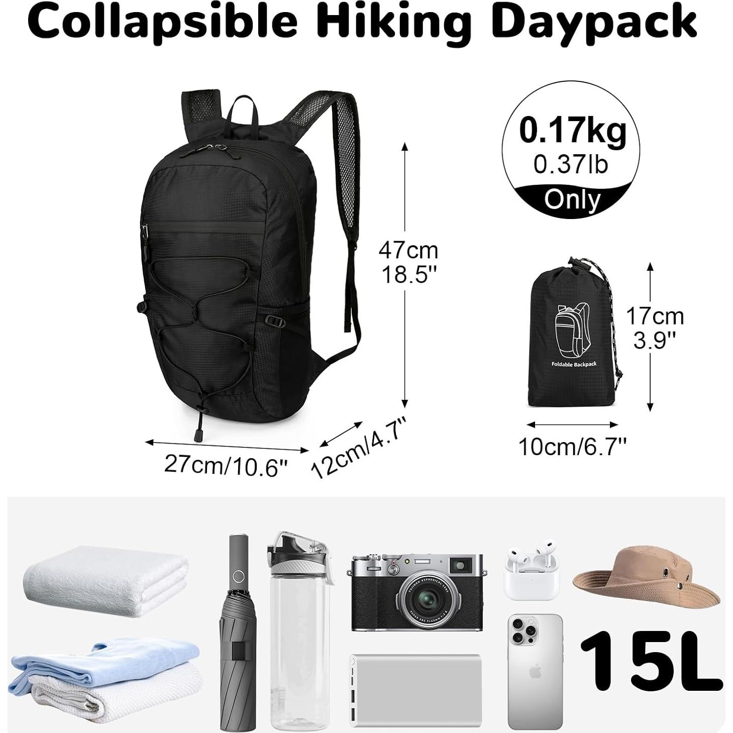 Mochila de Senderismo Plegable Outplea Negra 15L Ultraligera