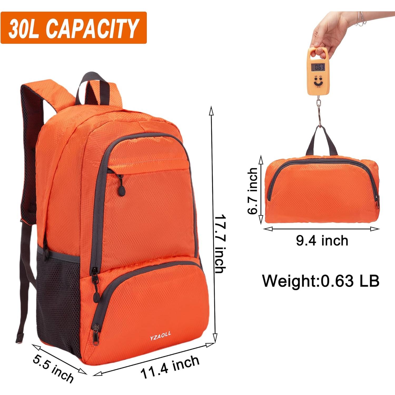 Mochila de Viaje Plegable YZAOLL 30L Resistente al Agua Naranja